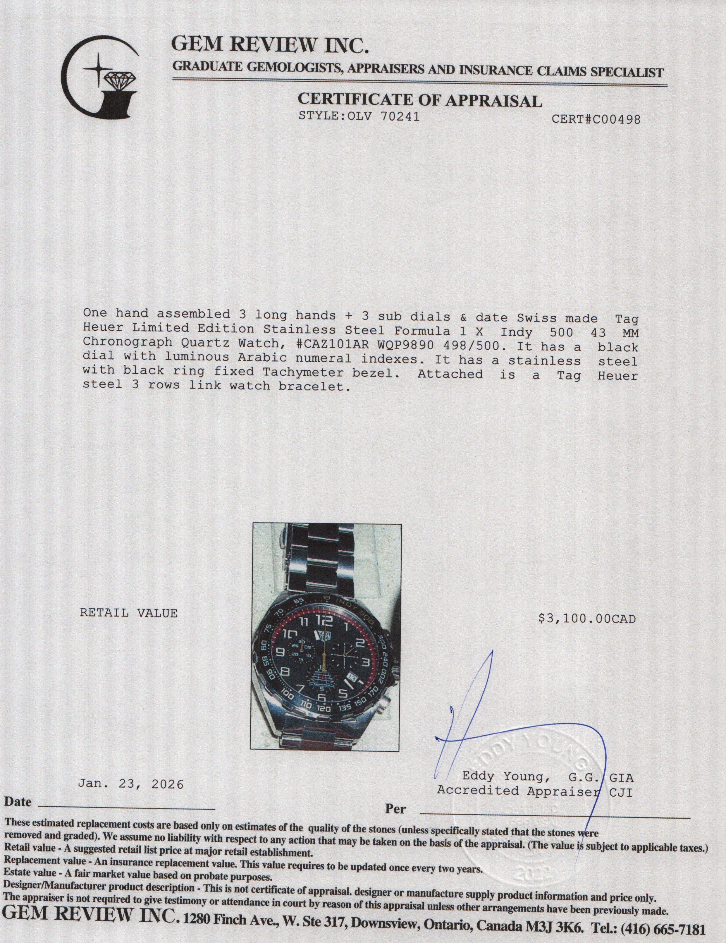 Tag Heuer Limited Edition Stainless Steel Formula 1 X Indy 500 43 MM Chronograph Quartz Watch CAZ101AR w/ Box