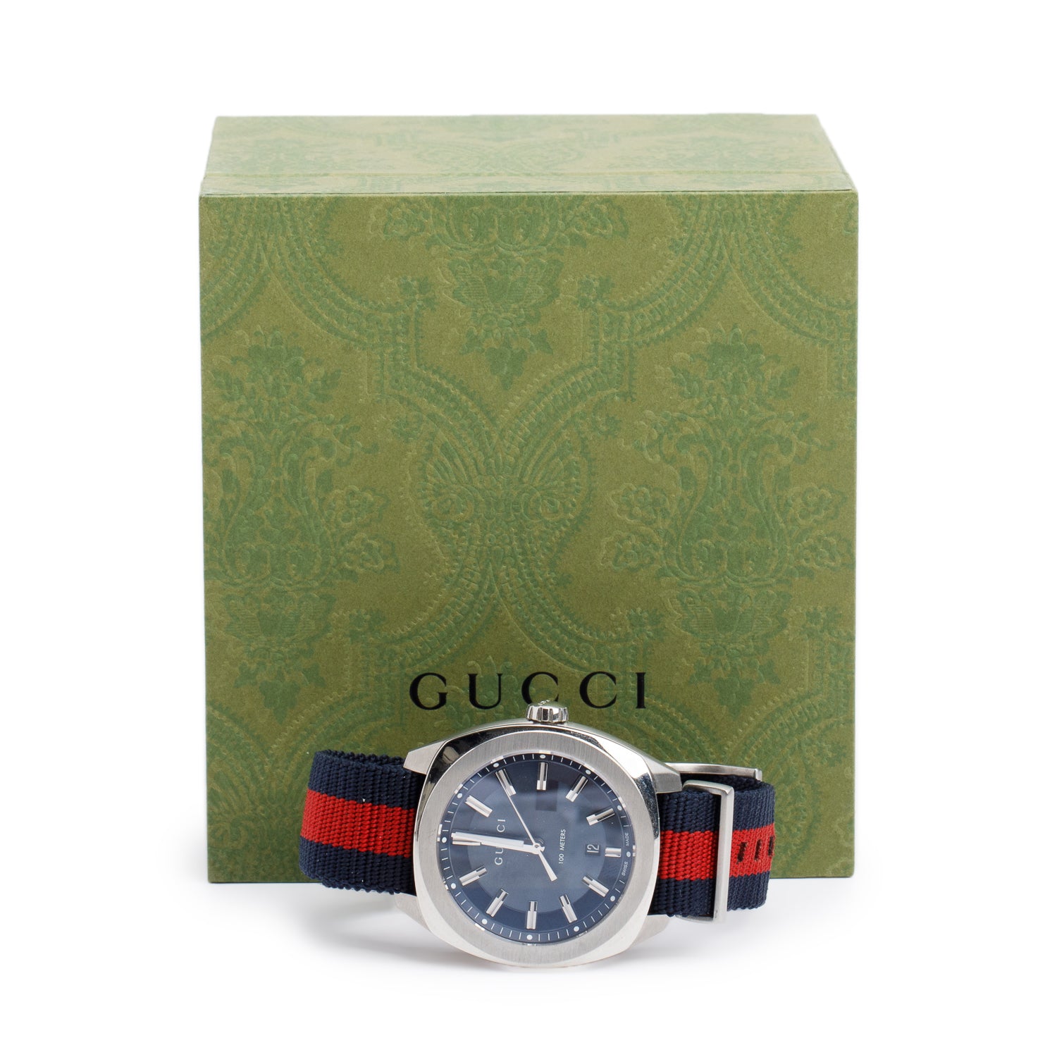 Gucci Stainless Steel GG2570 41 MM Quartz Watch Navy & Red Web Nylon Band Blue Dial w/ Box