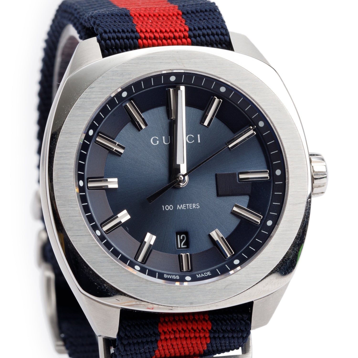 Gucci Stainless Steel GG2570 41 MM Quartz Watch Navy & Red Web Nylon Band Blue Dial w/ Box