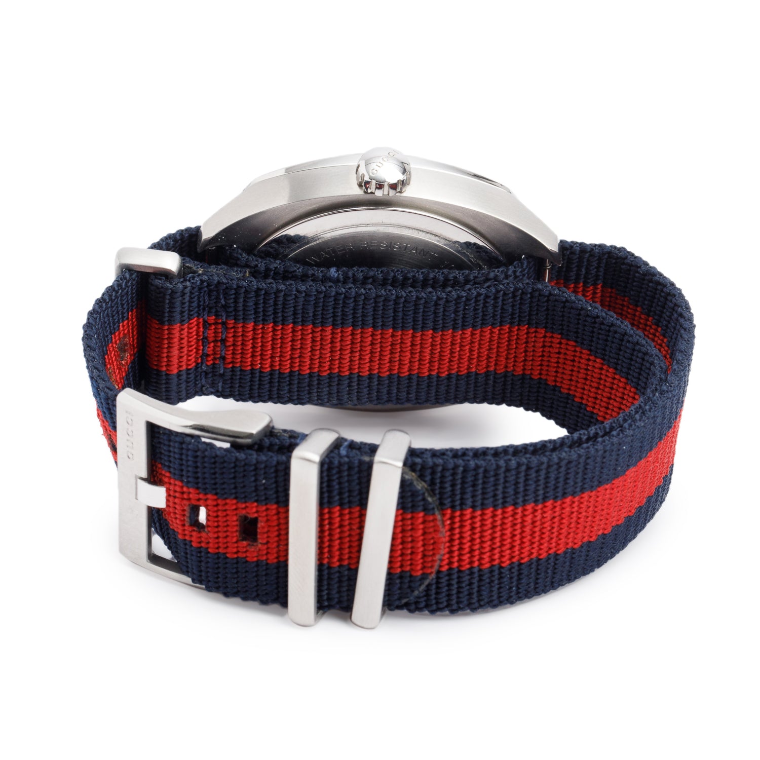 Gucci Stainless Steel GG2570 41 MM Quartz Watch Navy & Red Web Nylon Band Blue Dial w/ Box