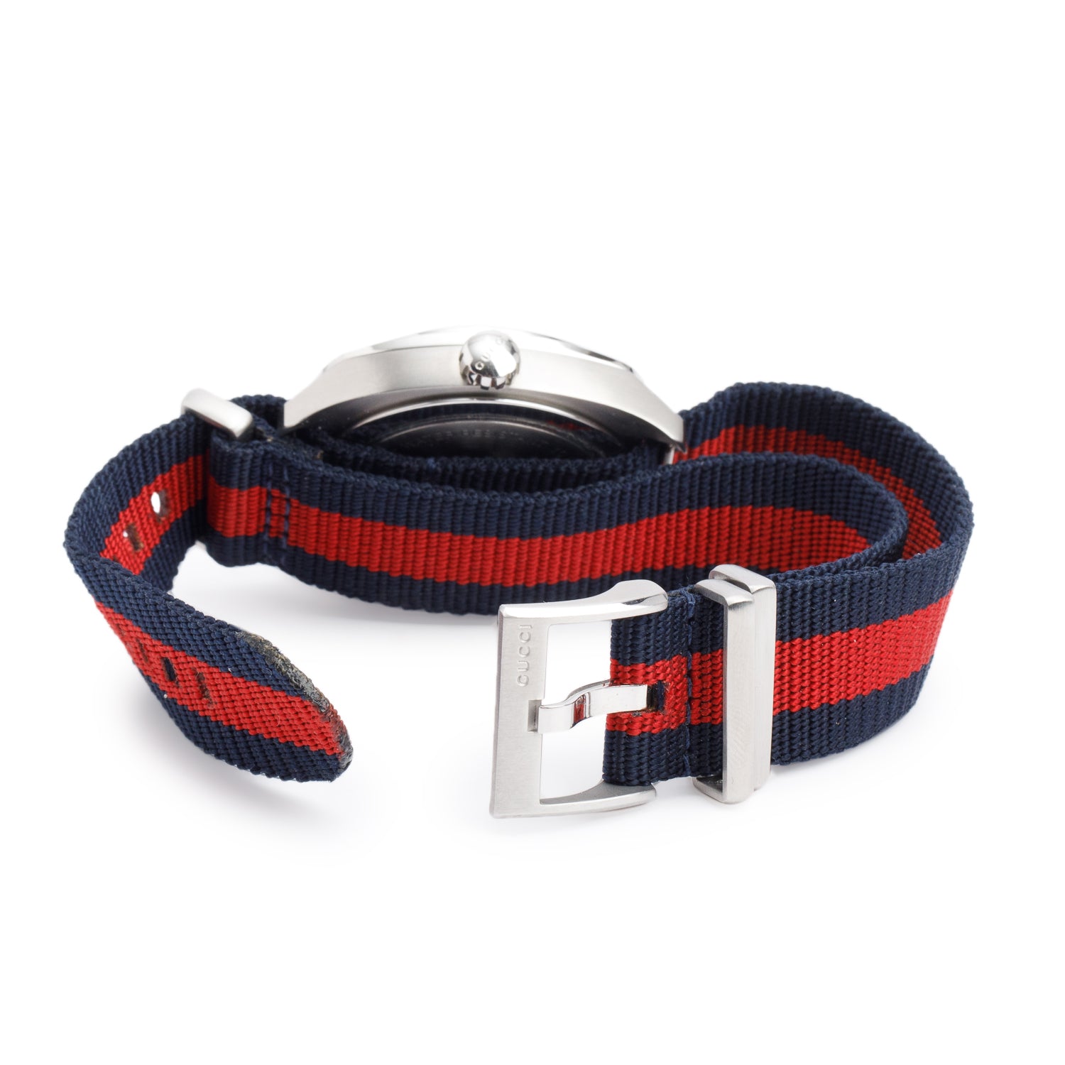 Gucci Stainless Steel GG2570 41 MM Quartz Watch Navy & Red Web Nylon Band Blue Dial w/ Box