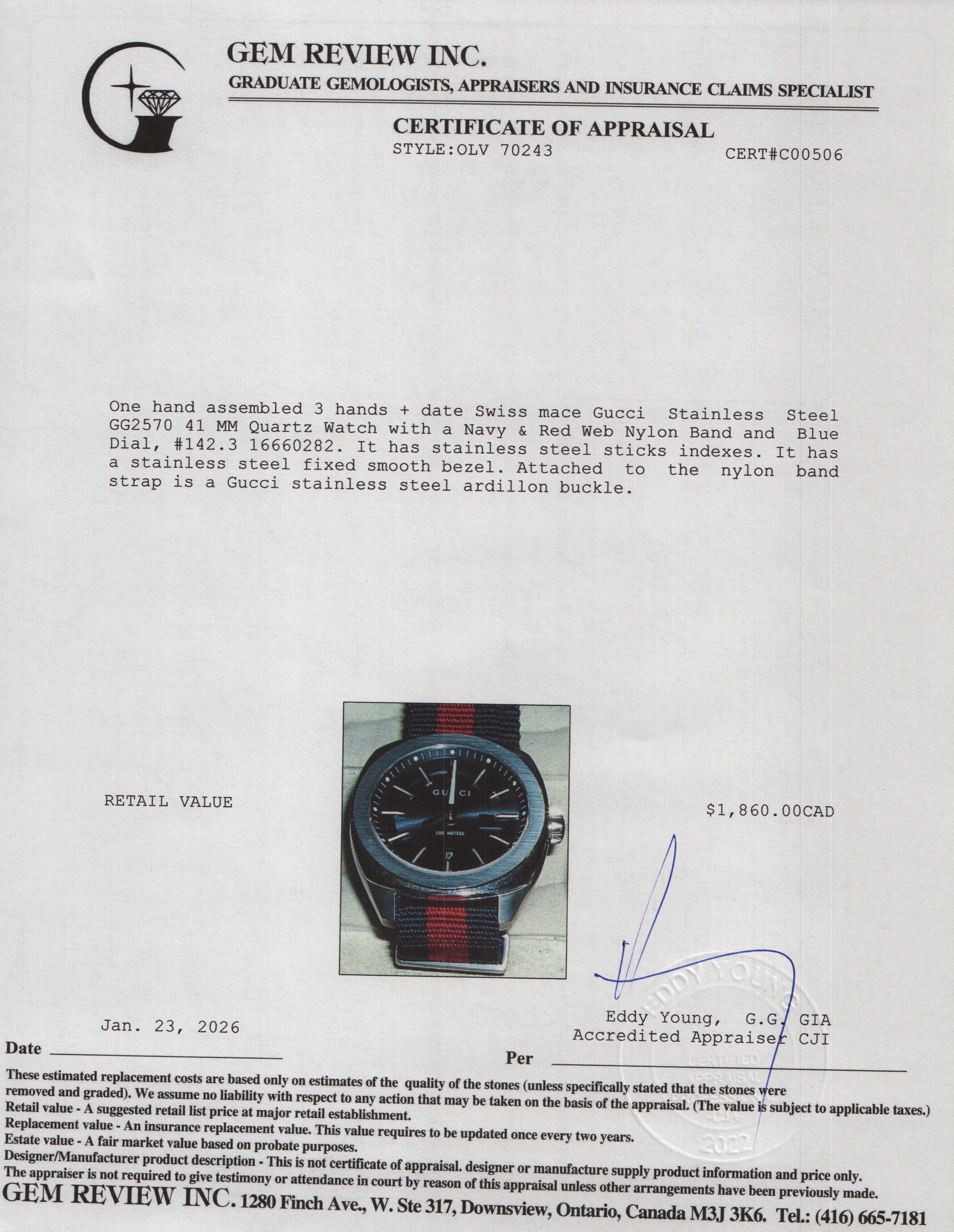 Gucci Stainless Steel GG2570 41 MM Quartz Watch Navy & Red Web Nylon Band Blue Dial w/ Box