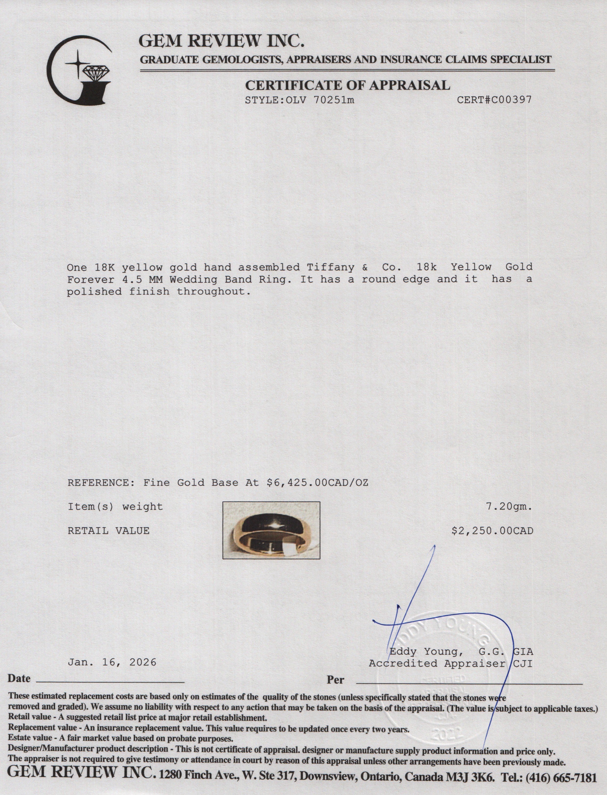 Tiffany & Co. 18k Yellow Gold Forever 4.5 MM Wedding Band Ring, Size 8.75