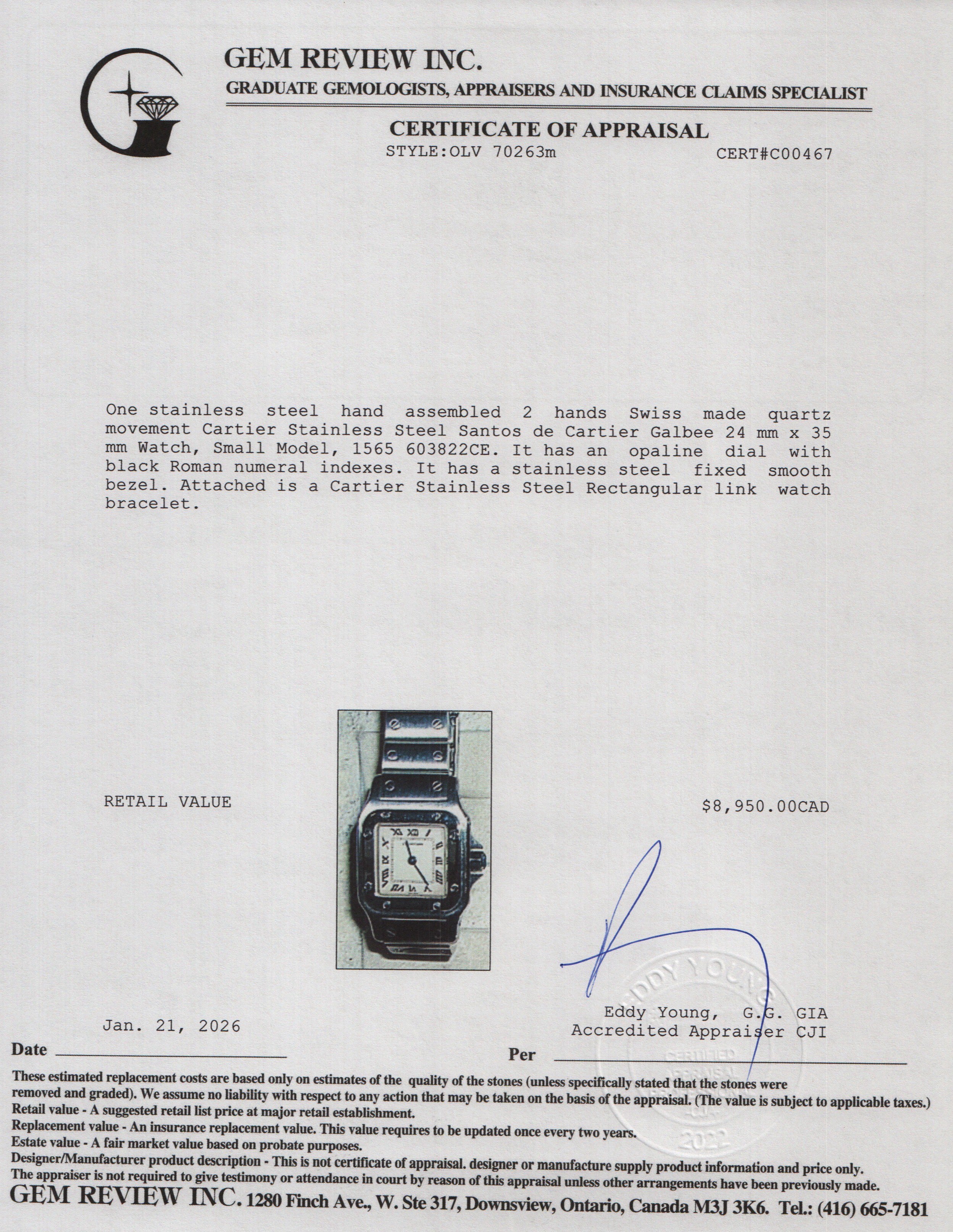 Cartier Stainless Steel Santos de Cartier Galbee Watch, Small Model 1565 w/ Box