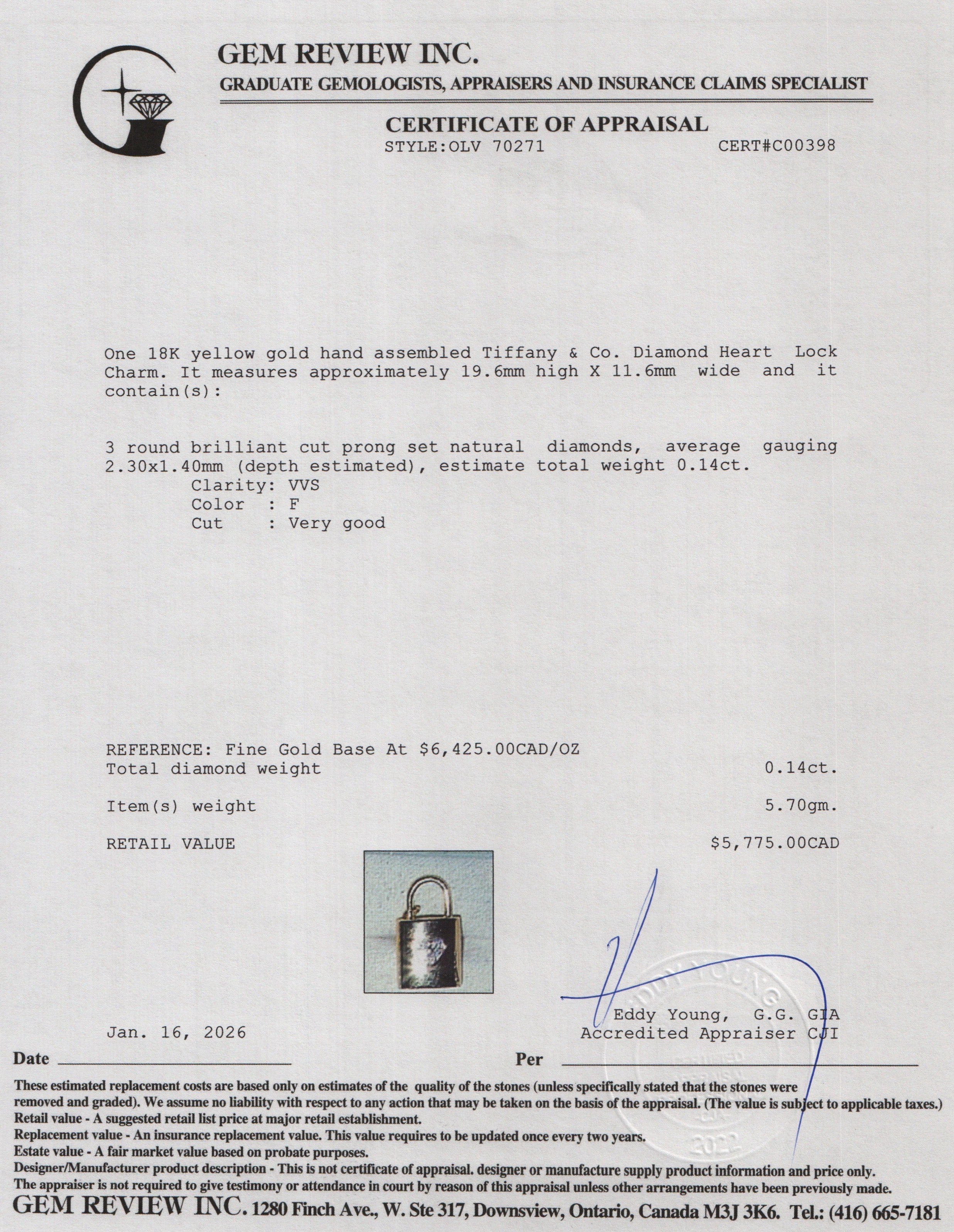Tiffany & Co. 18k Yellow Gold Diamond Heart Lock Charm