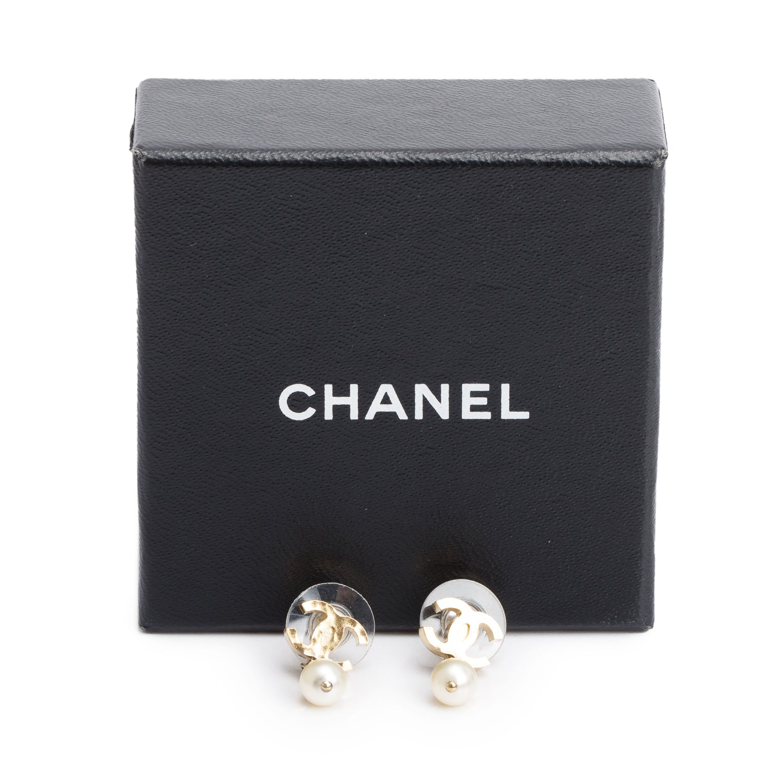 Chanel Gold-Plated Faux Pearl Hammered CC Mini Drop Earrings w/ Box