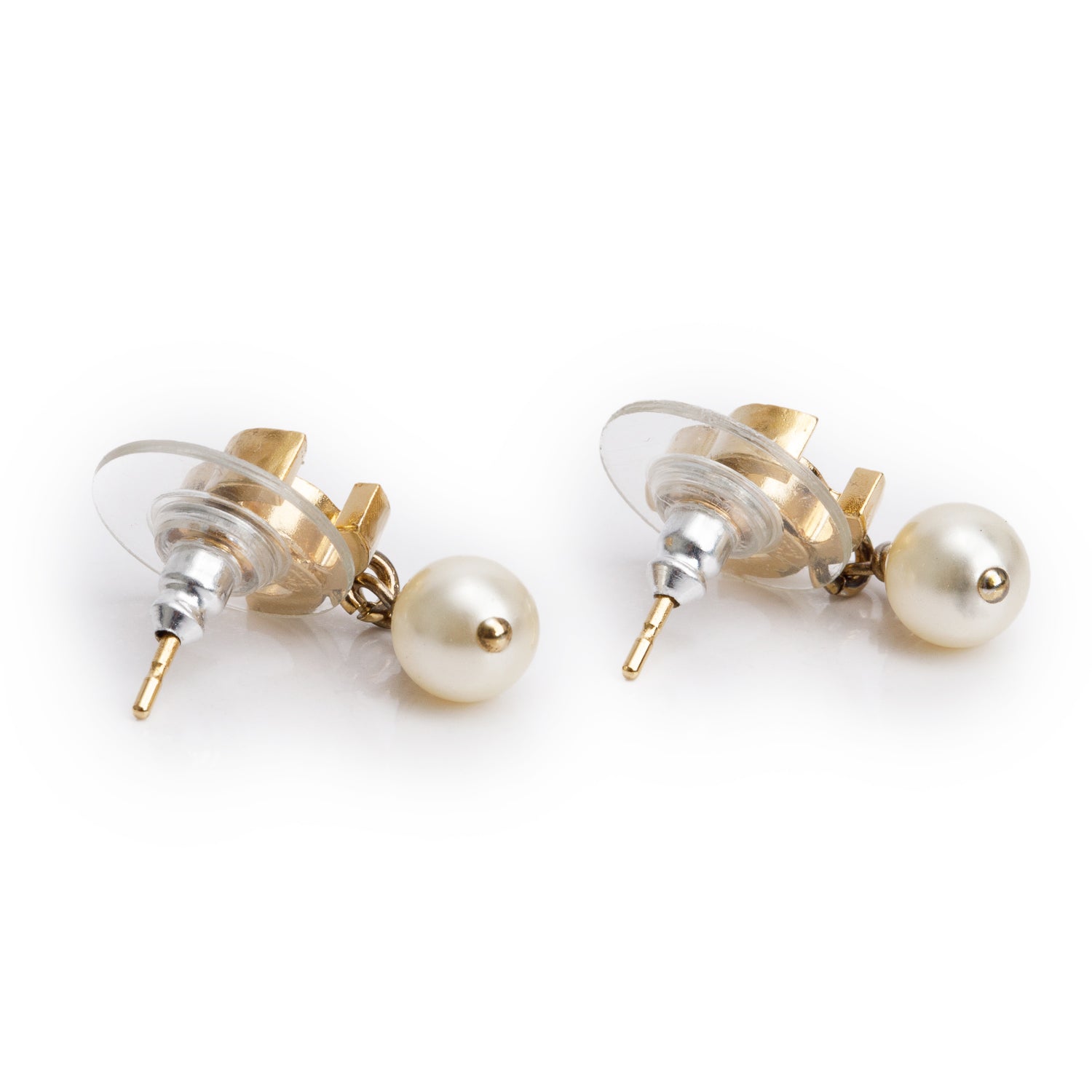 Chanel Gold-Plated Faux Pearl Hammered CC Mini Drop Earrings w/ Box