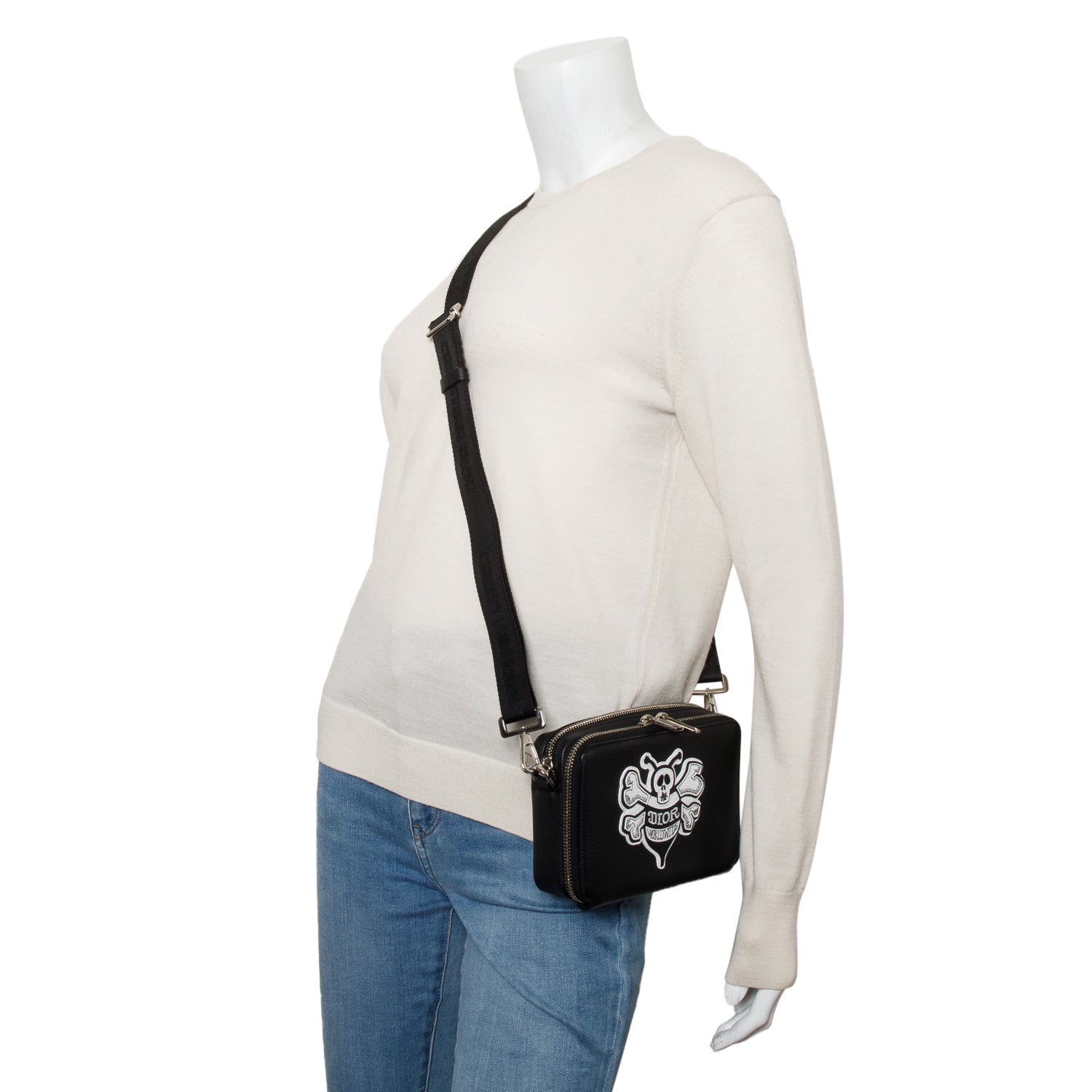 Christian Dior x Shawn Stussy Black Calfskin Leather Double Zip Crossbody Bag