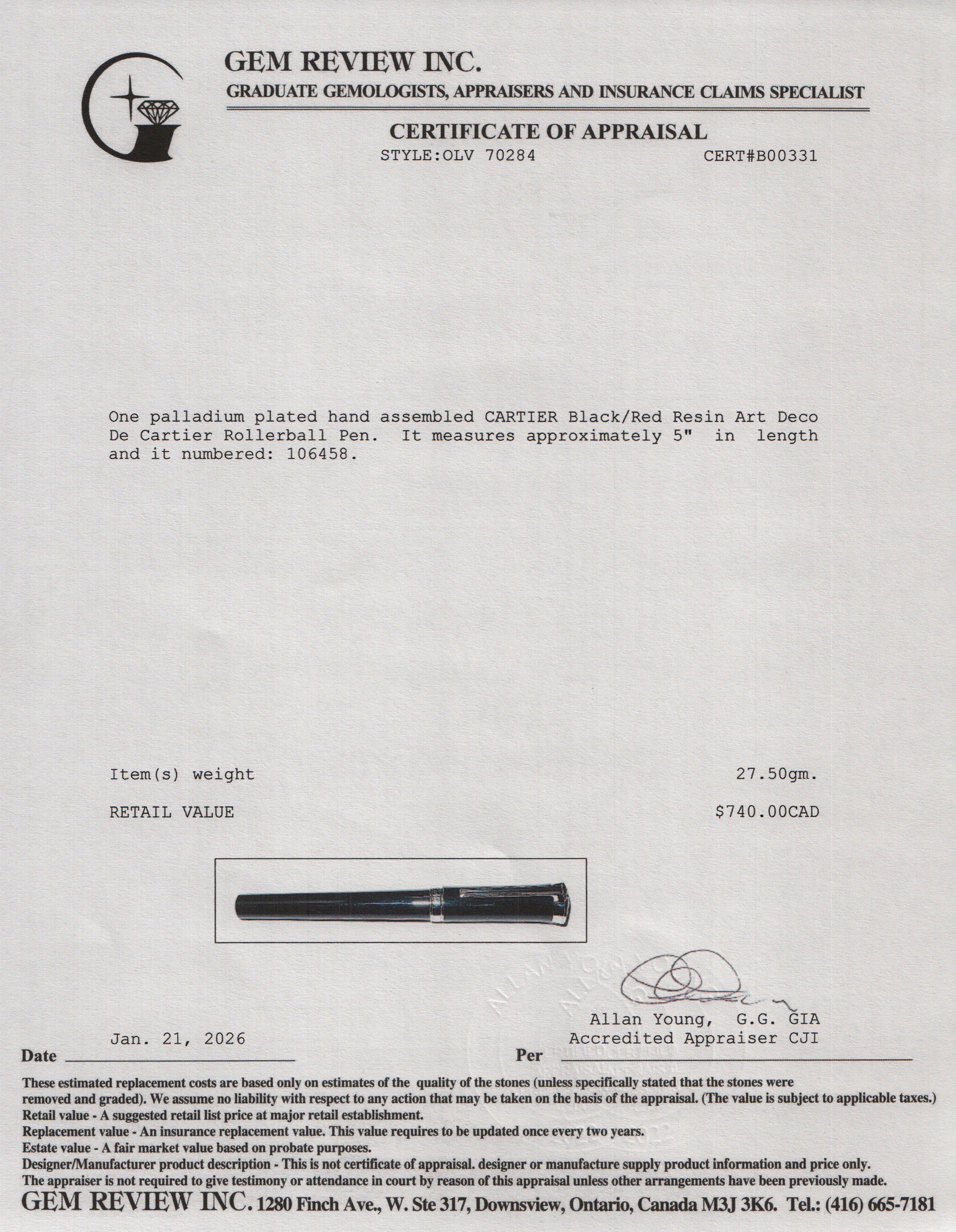 Cartier Palladium Plated Black/Red Resin Art Deco De Cartier Rollerball Pen w/ Box & Receipt