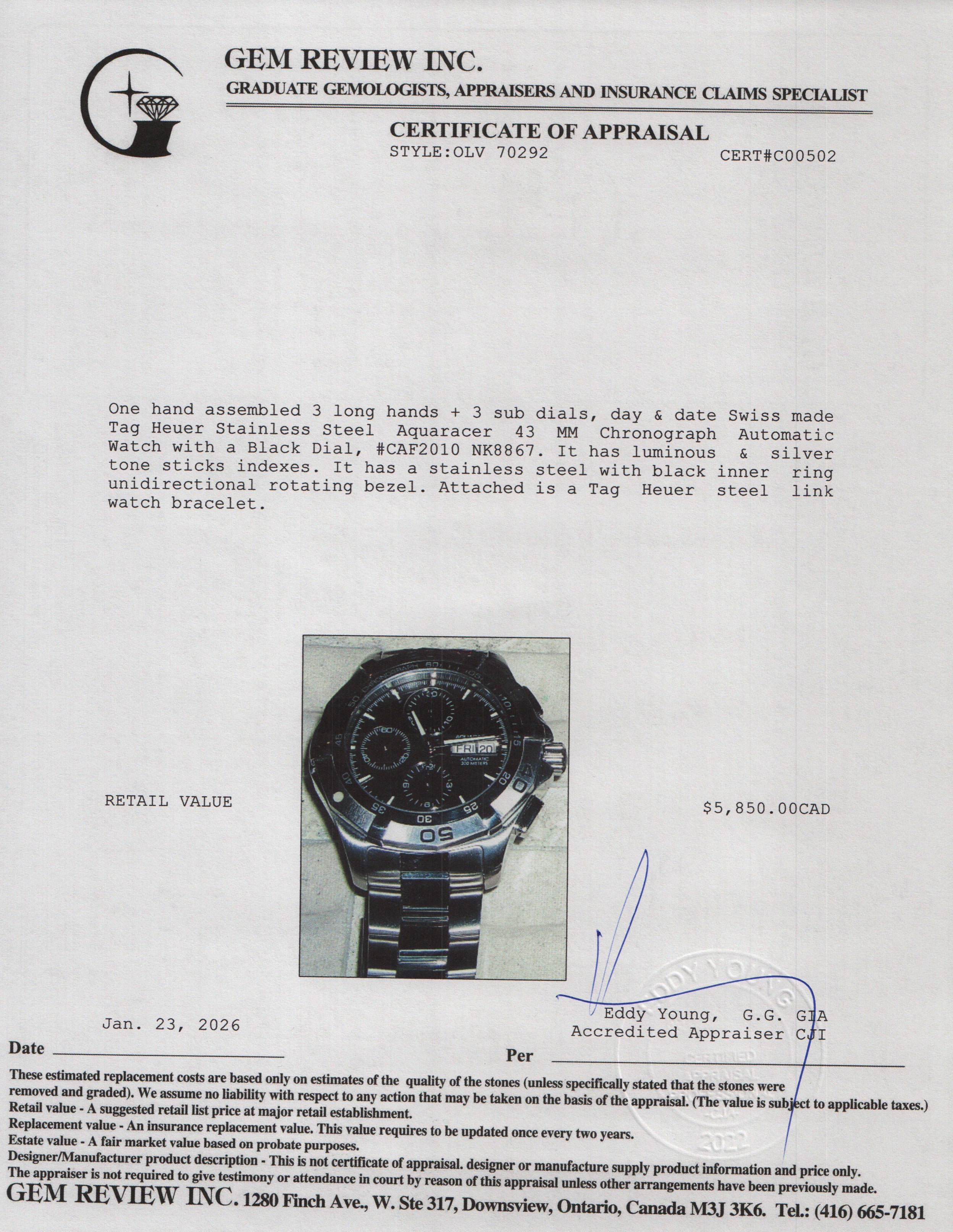 Tag Heuer Stainless Steel Aquaracer 43 MM Chronograph Automatic Watch Black Dial CAF2010
