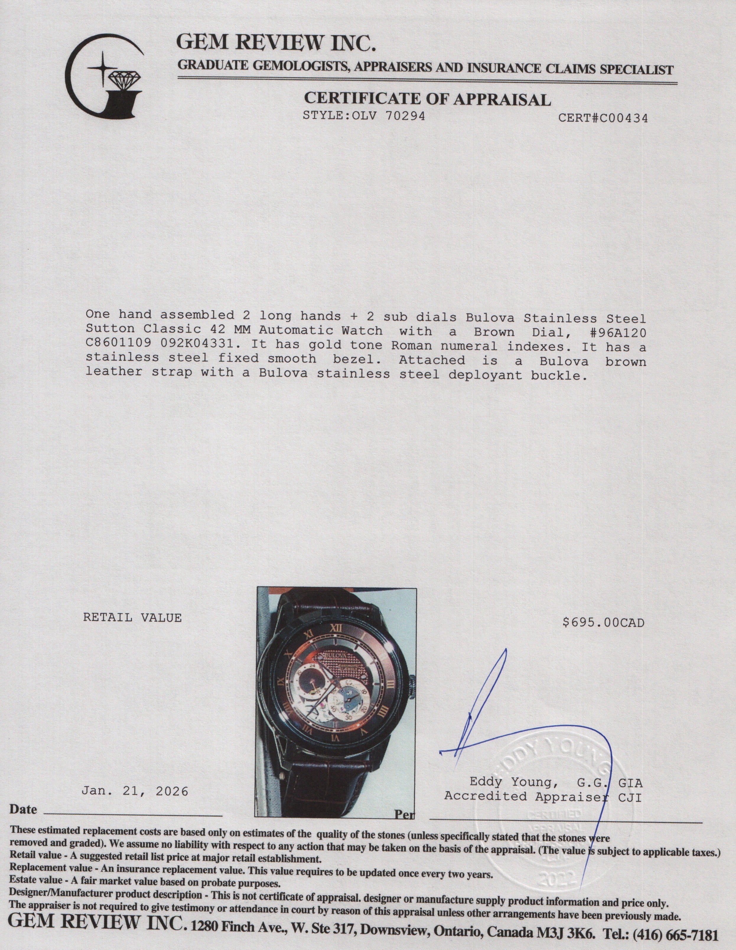 Bulova Stainless Steel Sutton Classic 42 MM Automatic Watch Brown Dial 96A120