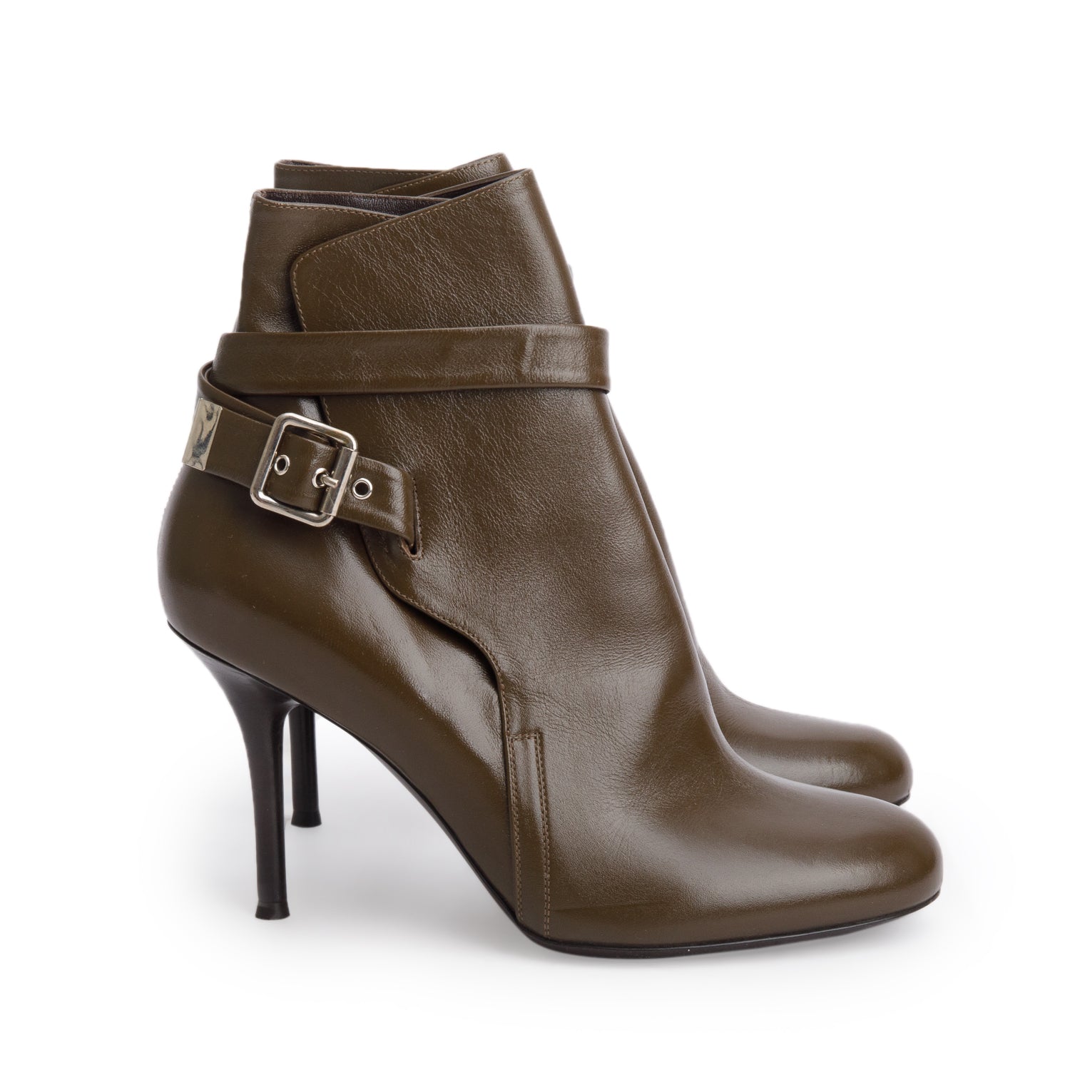 Chloe Khaki Shiny Leather Ankle Booties, Size 39