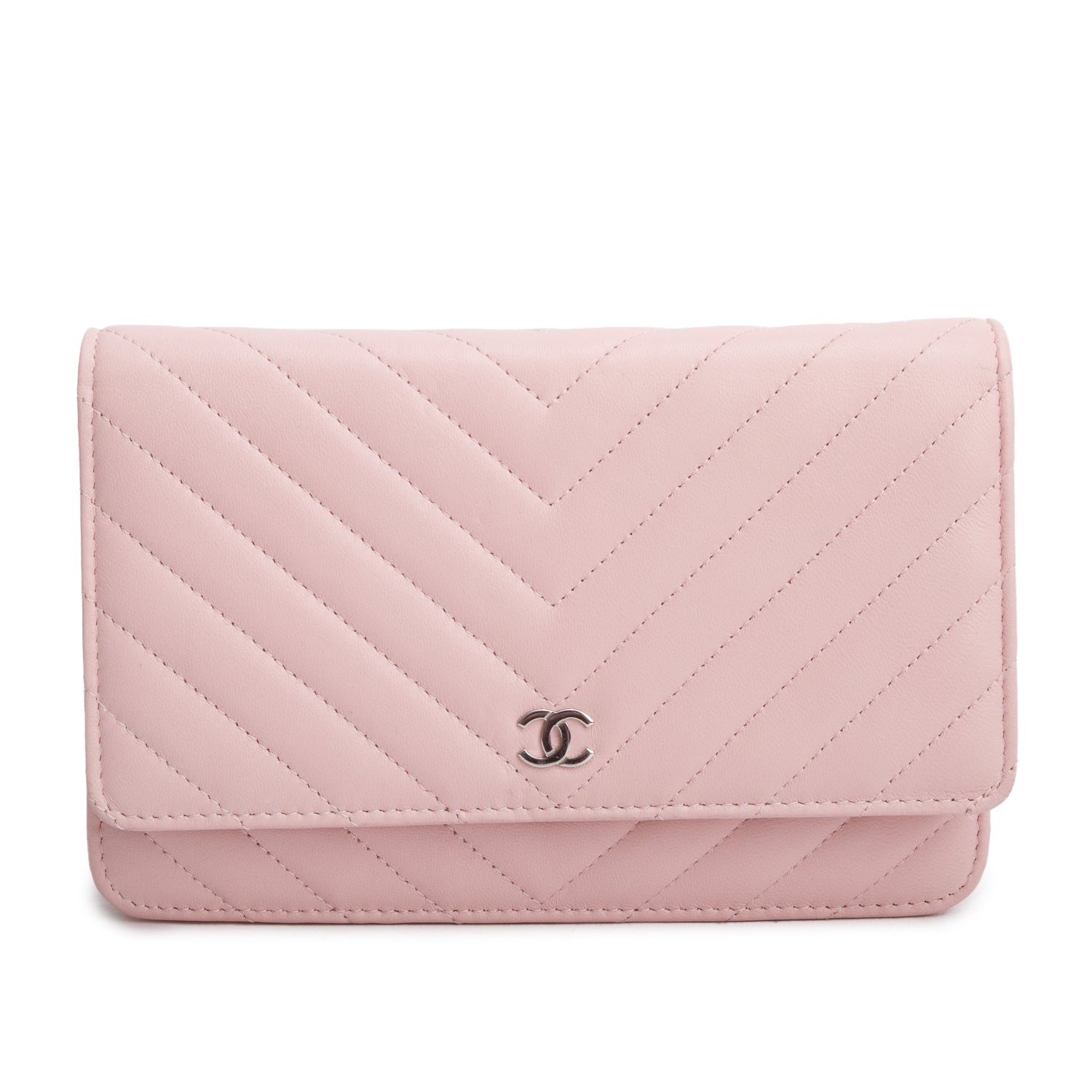 Chanel 2022 Pink Lambskin Chevron Quilted Wallet on Chain w/ Box & Receipt