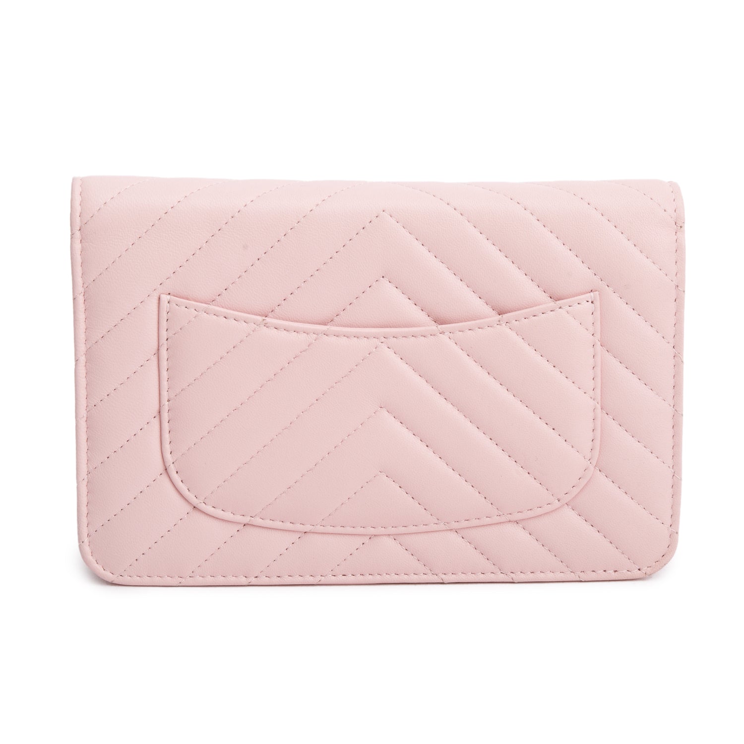 Chanel 2022 Pink Lambskin Chevron Quilted Wallet on Chain w/ Box & Receipt