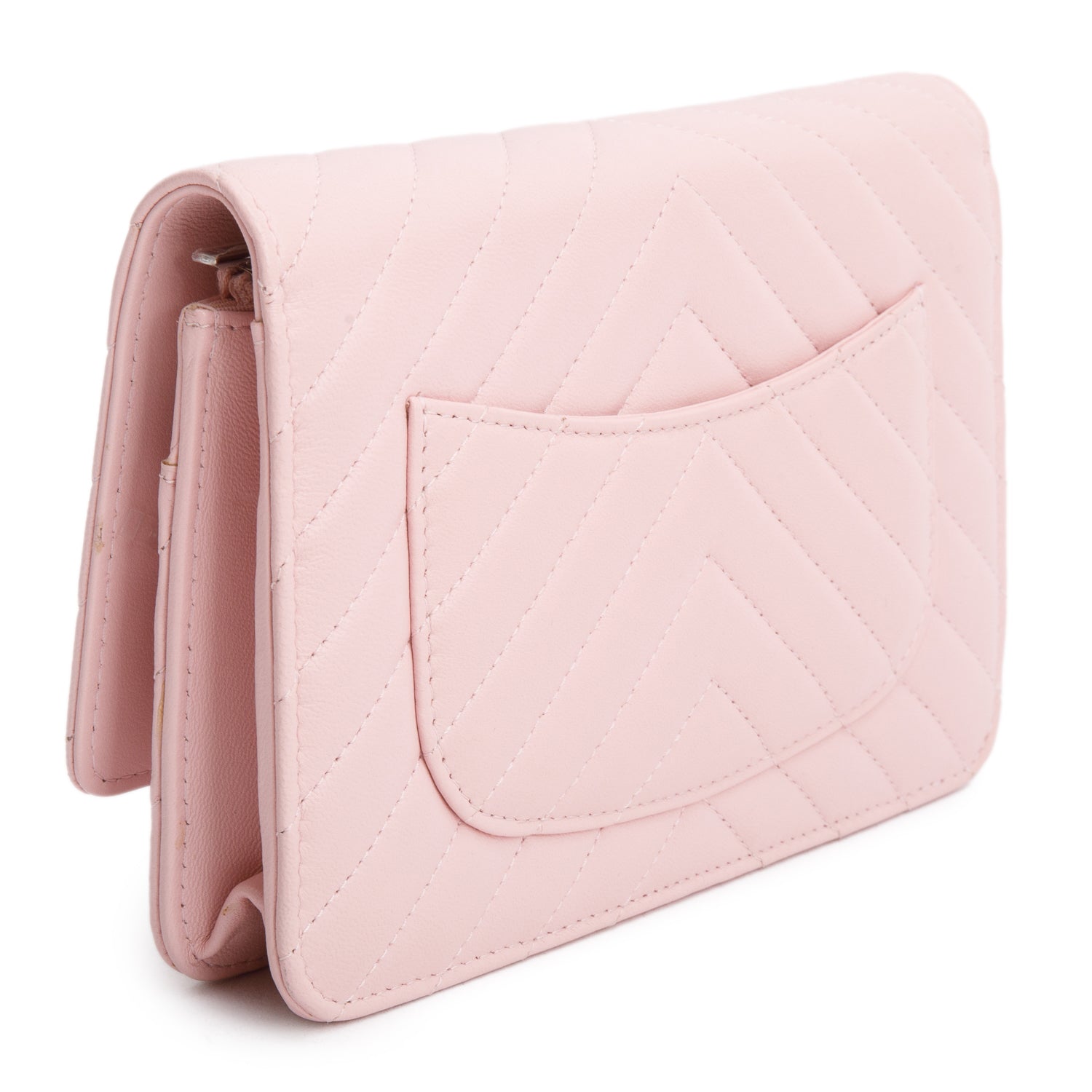 Chanel 2022 Pink Lambskin Chevron Quilted Wallet on Chain w/ Box & Receipt
