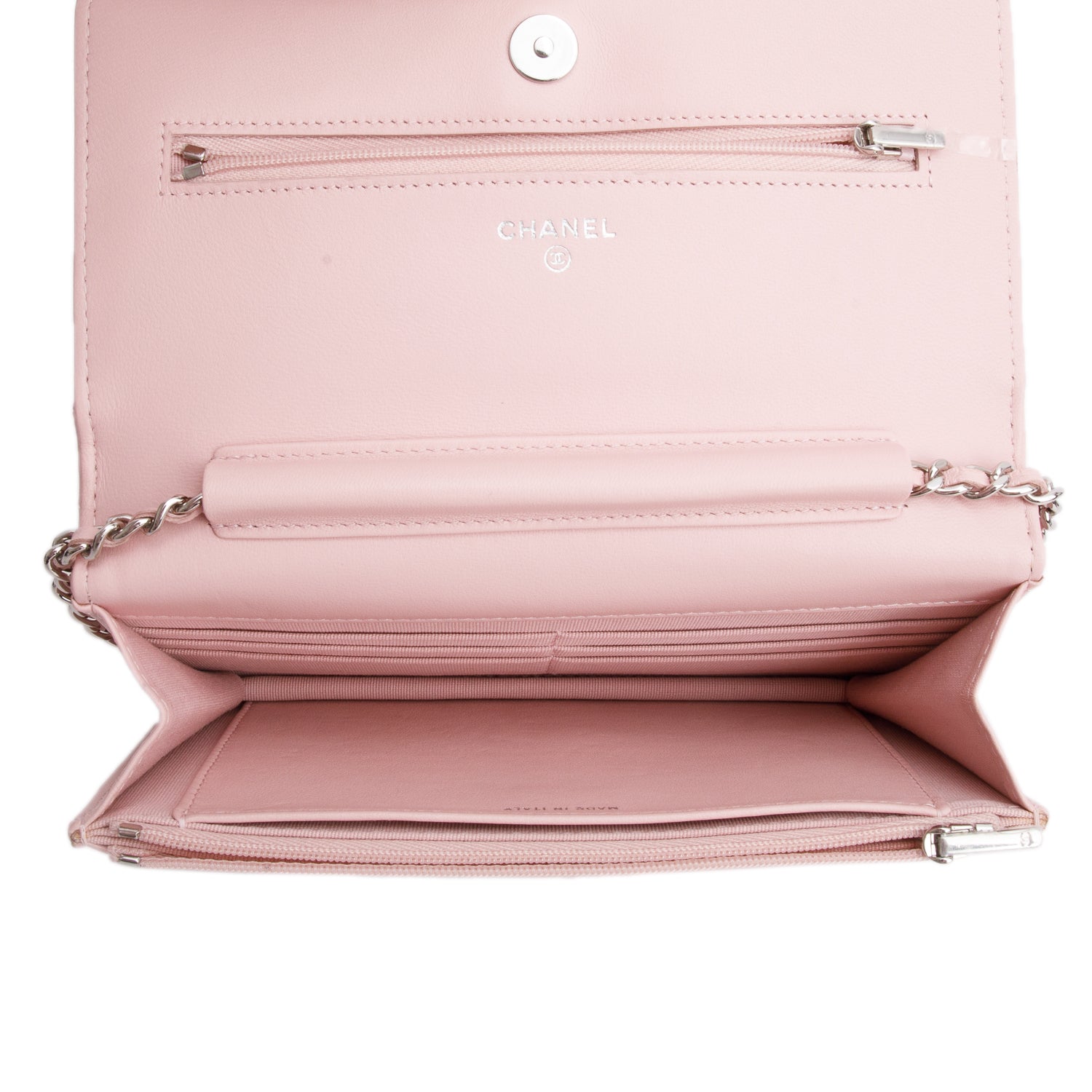 Chanel 2022 Pink Lambskin Chevron Quilted Wallet on Chain w/ Box & Receipt