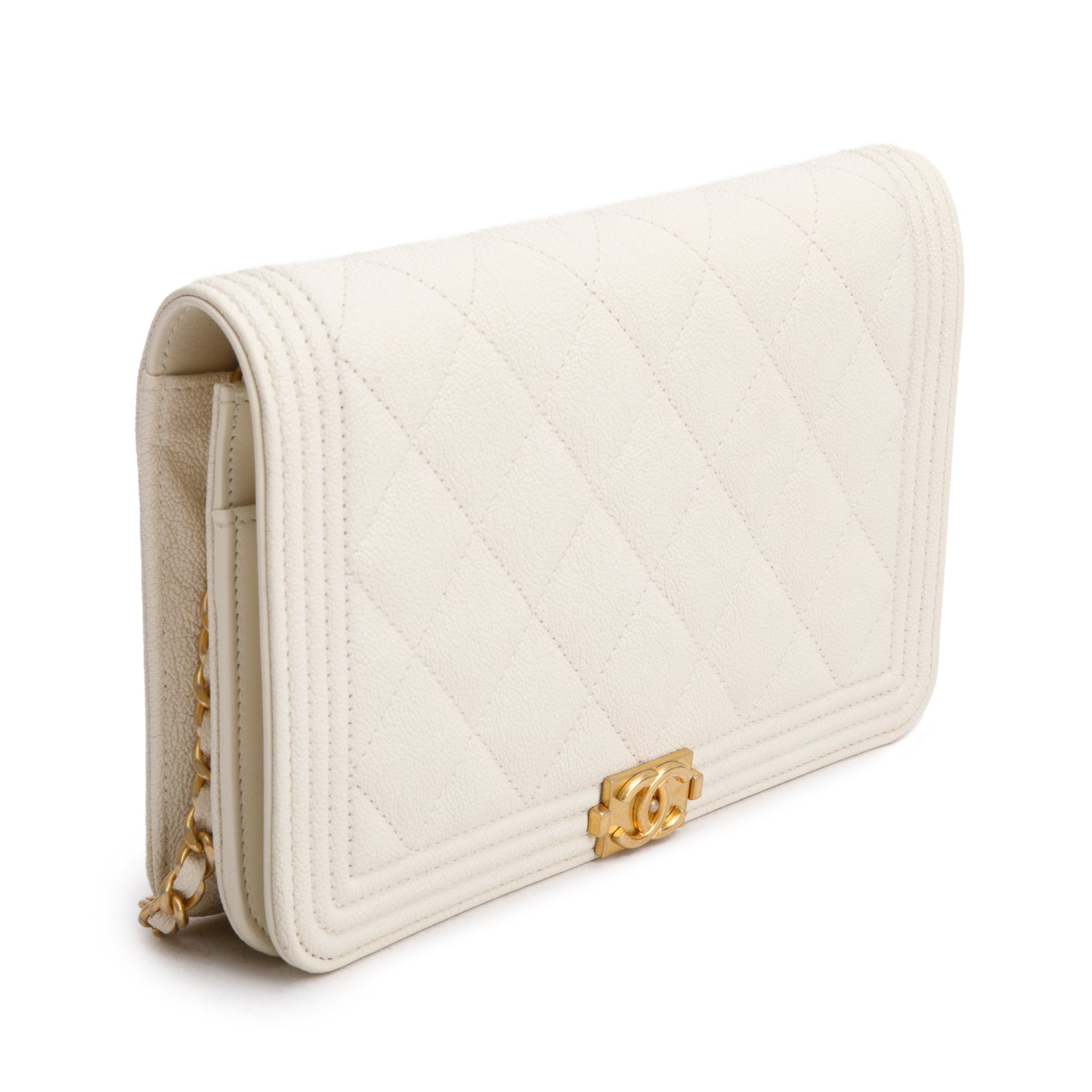 Chanel White Caviar Quilted Boy Wallet on Chain