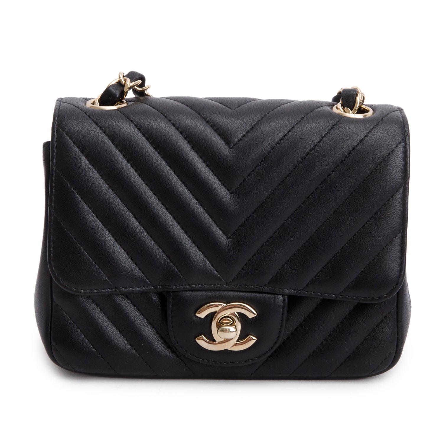 Chanel Black Lambskin Chevron Quilted Mini Square Flap Bag w/ Authenticity Card