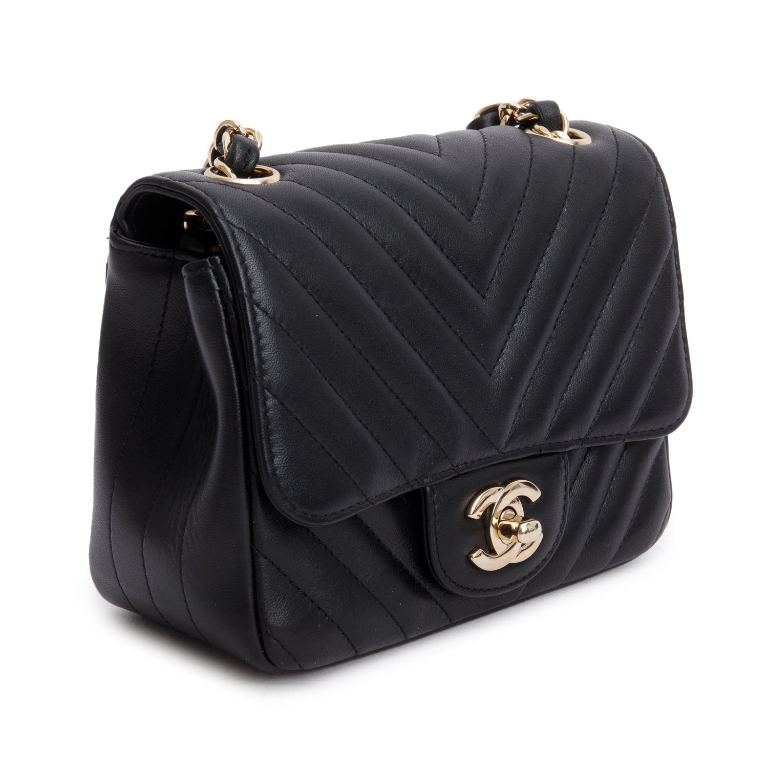 Chanel Black Lambskin Chevron Quilted Mini Square Flap Bag w/ Authenticity Card