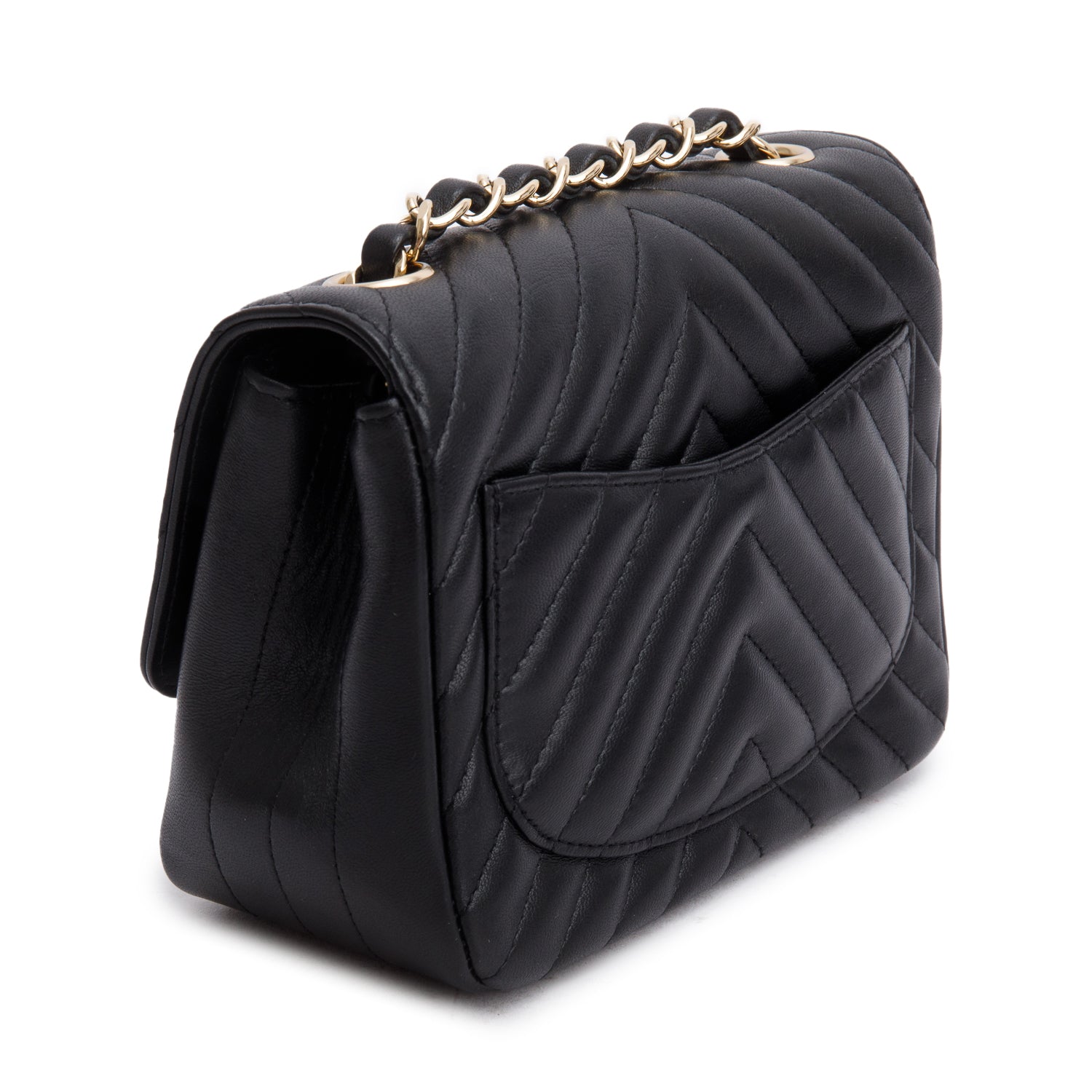 Chanel Black Lambskin Chevron Quilted Mini Square Flap Bag w/ Authenticity Card