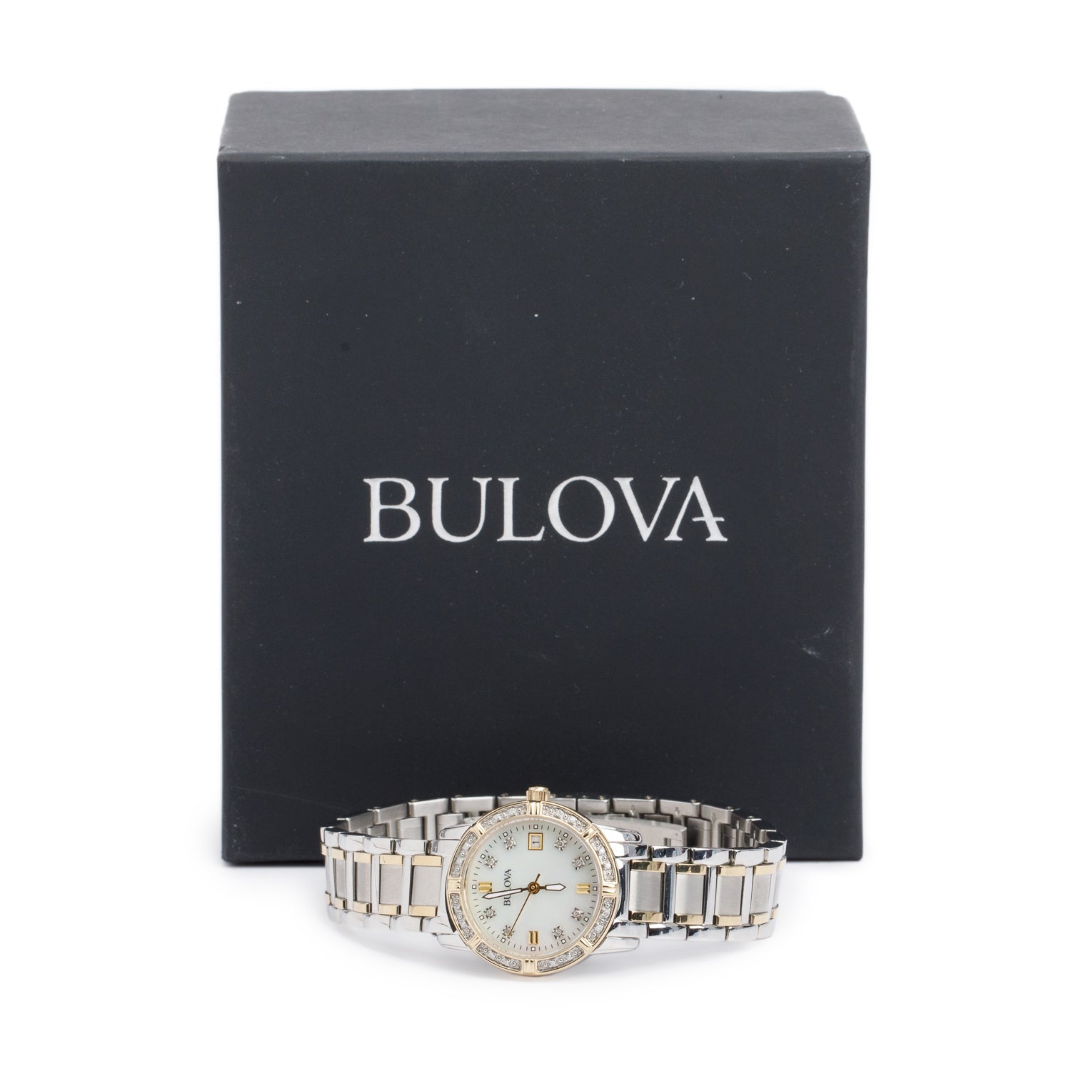 Bulova Two-Tone Stainless Steel Diamond Bezel 26 MM Quartz Watch Mother of Pearl Diamond Dial 98R107 w/ Box