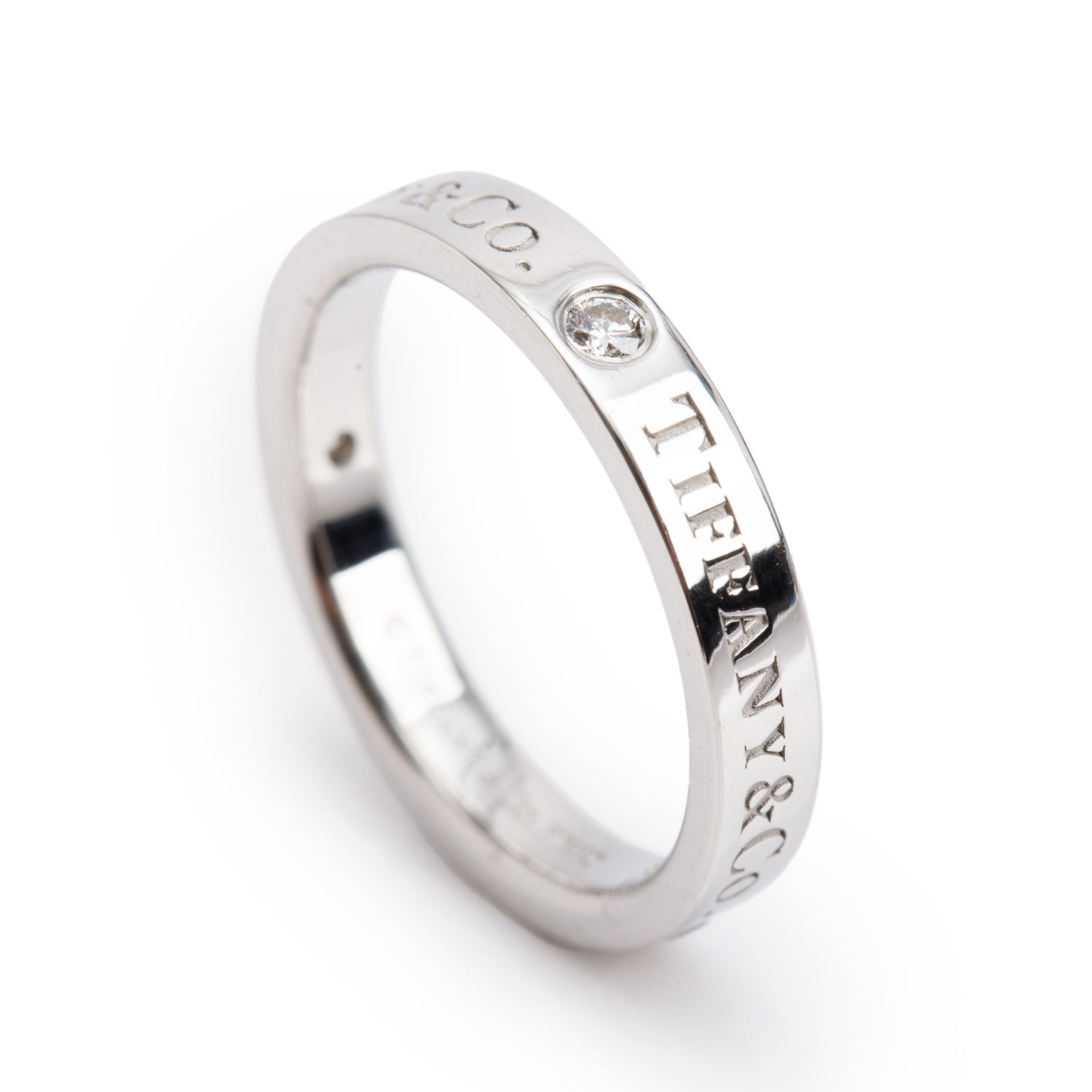 Tiffany & Co. Platinum & 3 Diamond 3 MM Logo Band Ring, Size 4.75