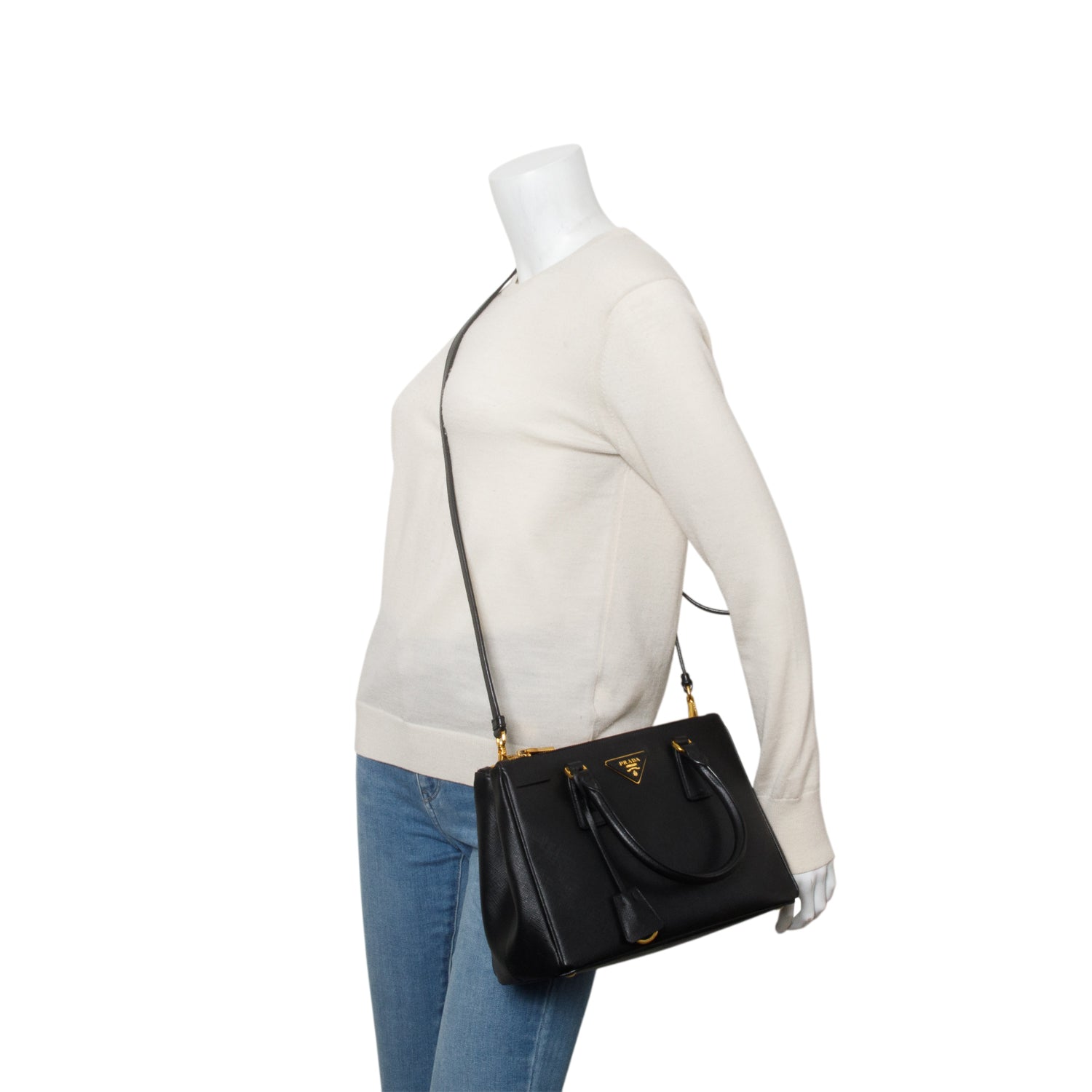 Prada Black Saffiano Leather Small Double Zip Galleria Tote w/ Authenticity Card & Strap