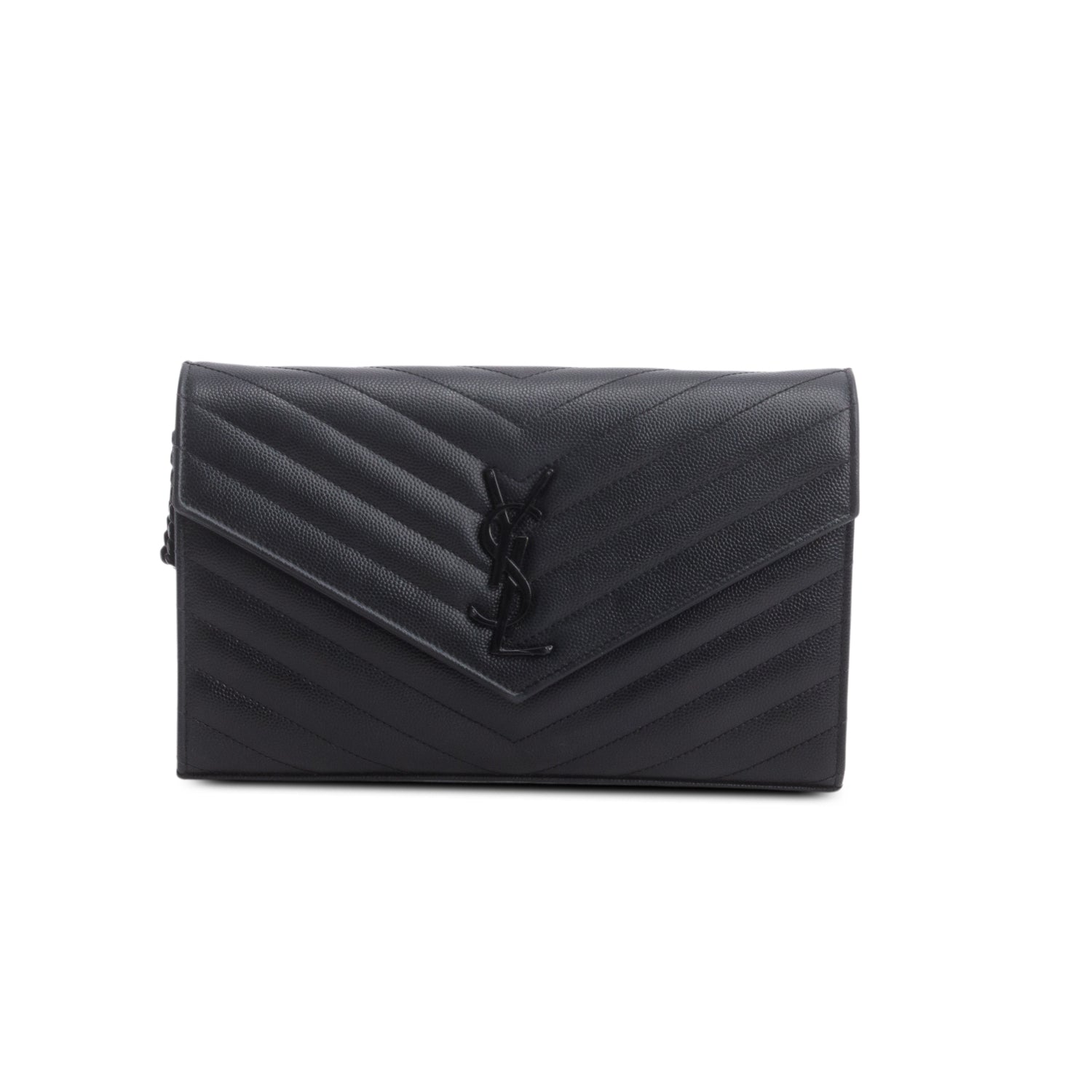 Saint Laurent So Black Grain De Poudre Leather Classic Cassandre Envelope Chain Wallet