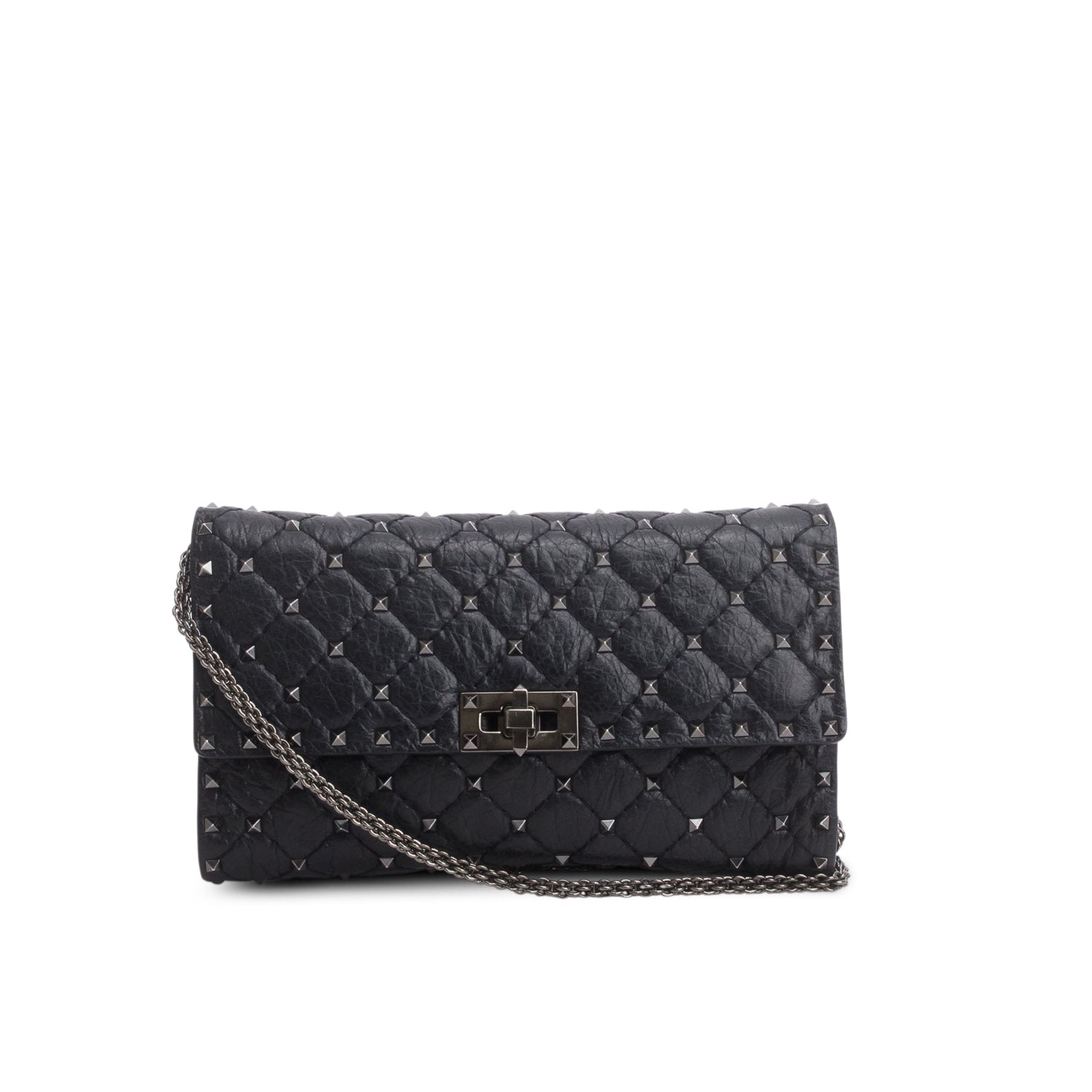 Valentino Black Craquele Nappa Rockstud Spike Wallet on Chain