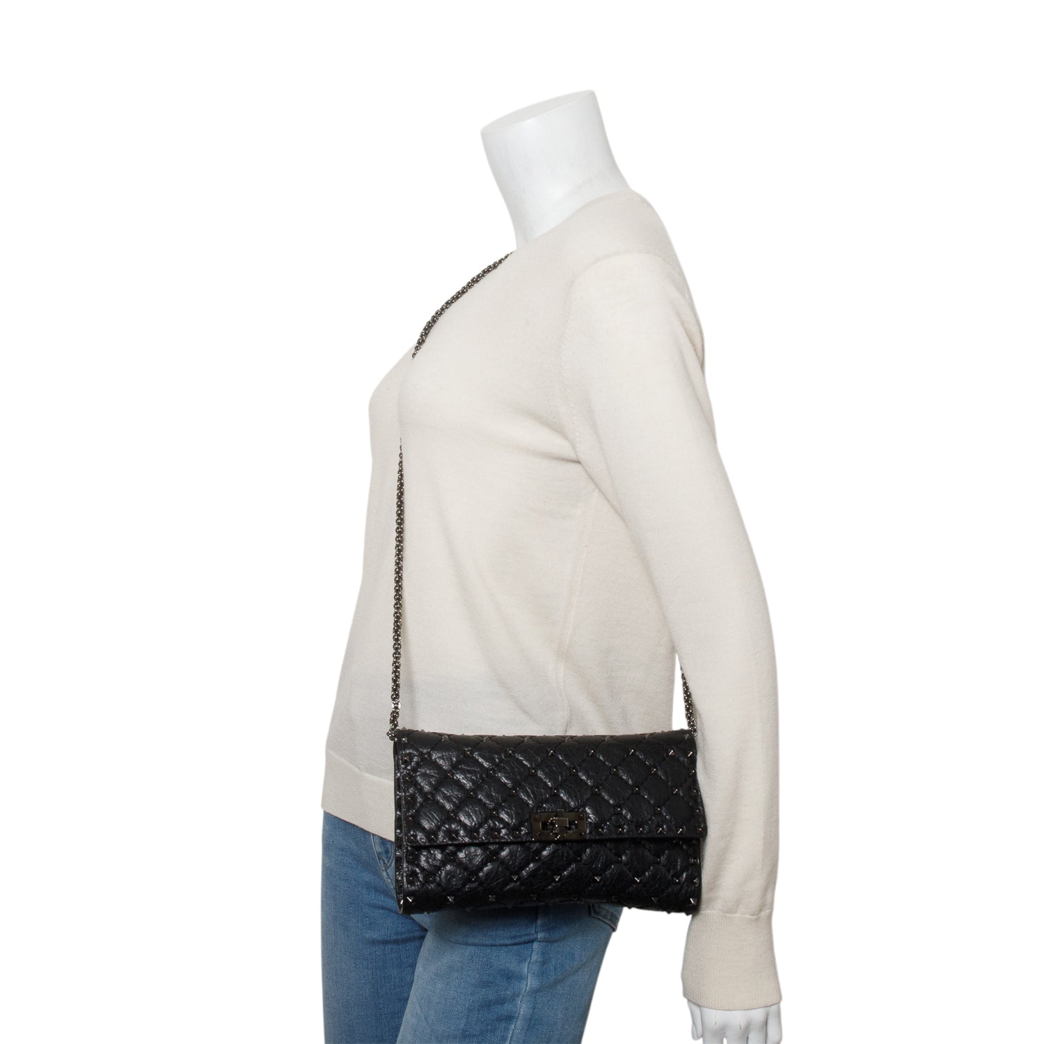 Valentino Black Craquele Nappa Rockstud Spike Wallet on Chain