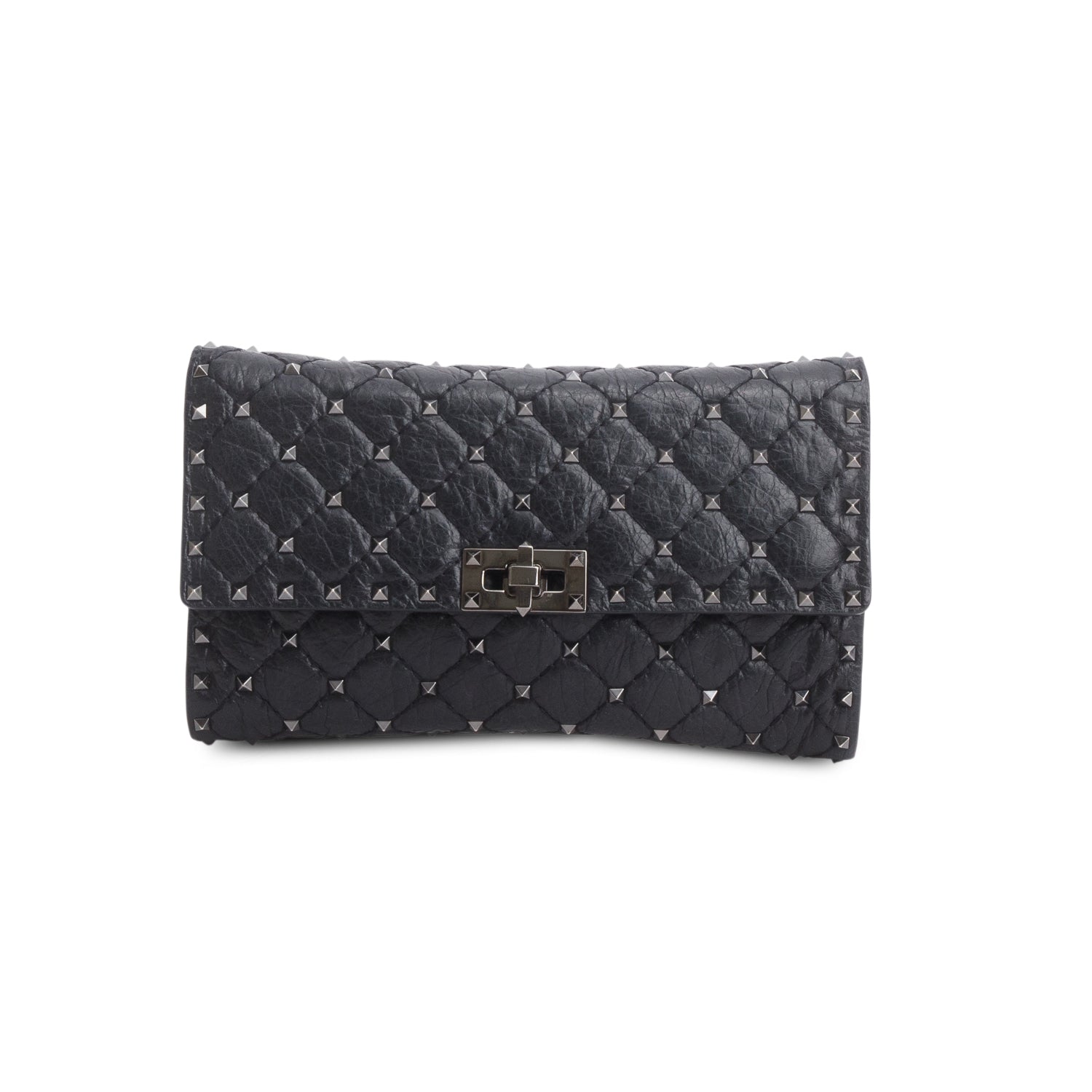 Valentino Black Craquele Nappa Rockstud Spike Wallet on Chain