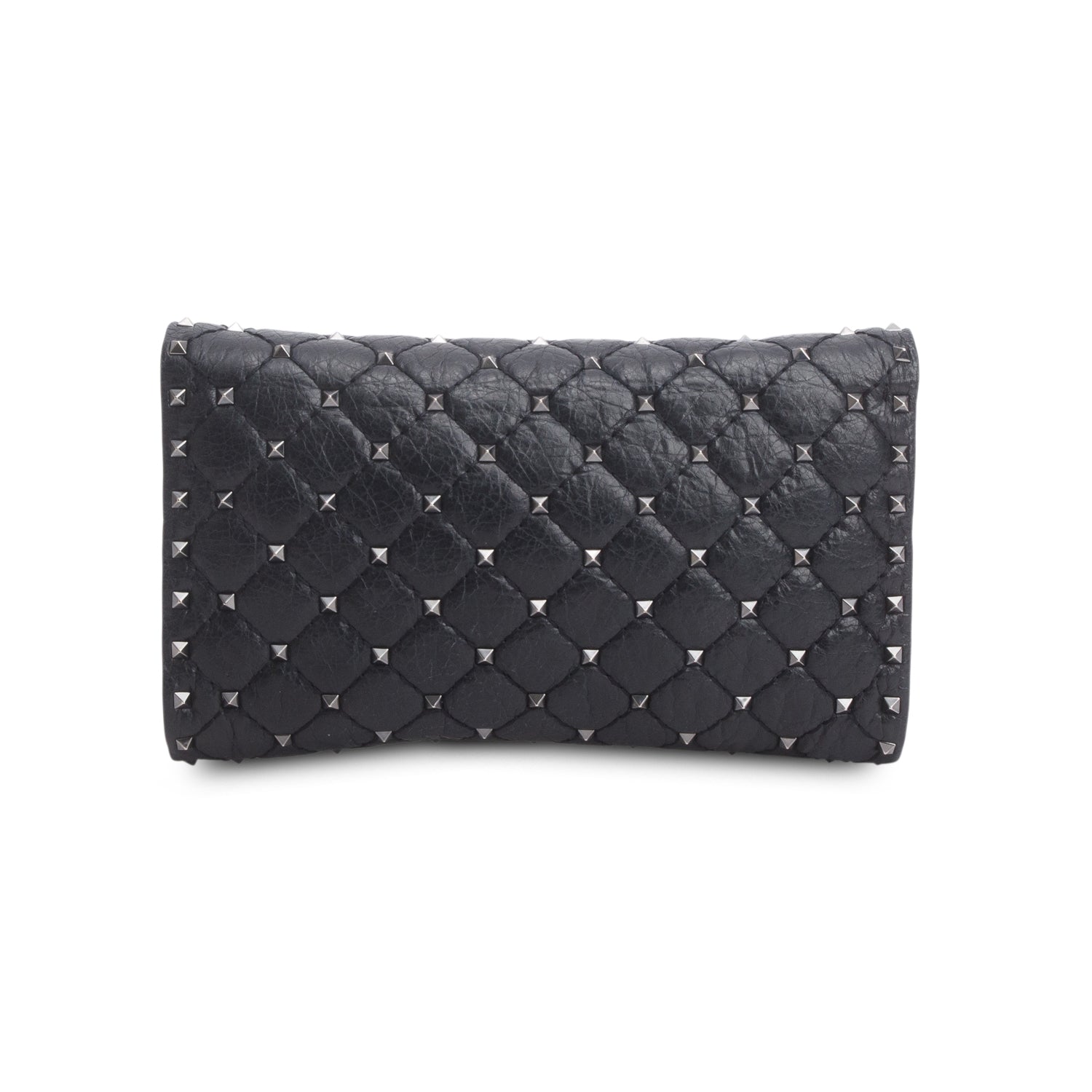 Valentino Black Craquele Nappa Rockstud Spike Wallet on Chain