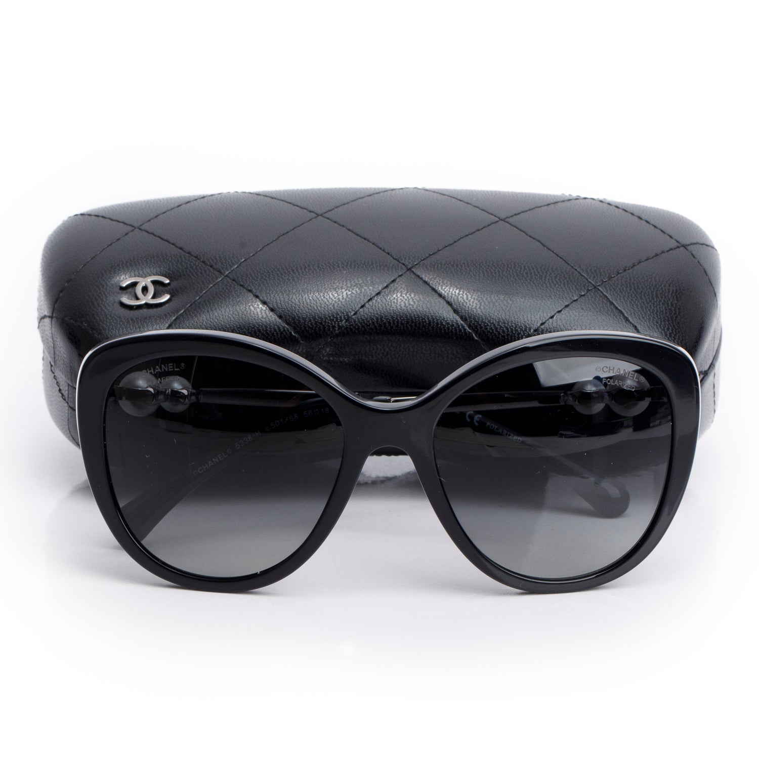 Chanel 5338-H Black Acetate Pearl Cat Eye Sunglasses w/ Case