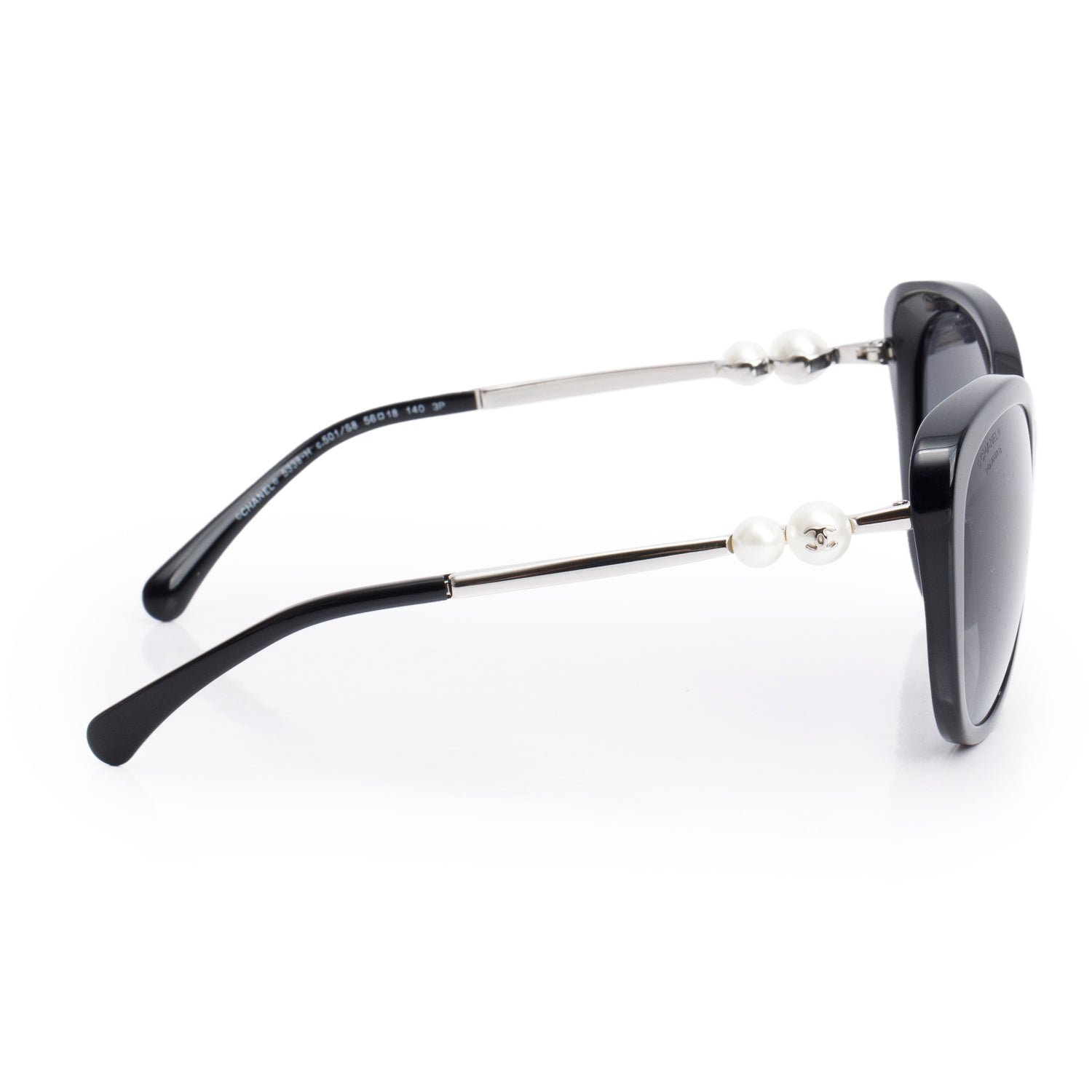 Chanel 5338-H Black Acetate Pearl Cat Eye Sunglasses w/ Case