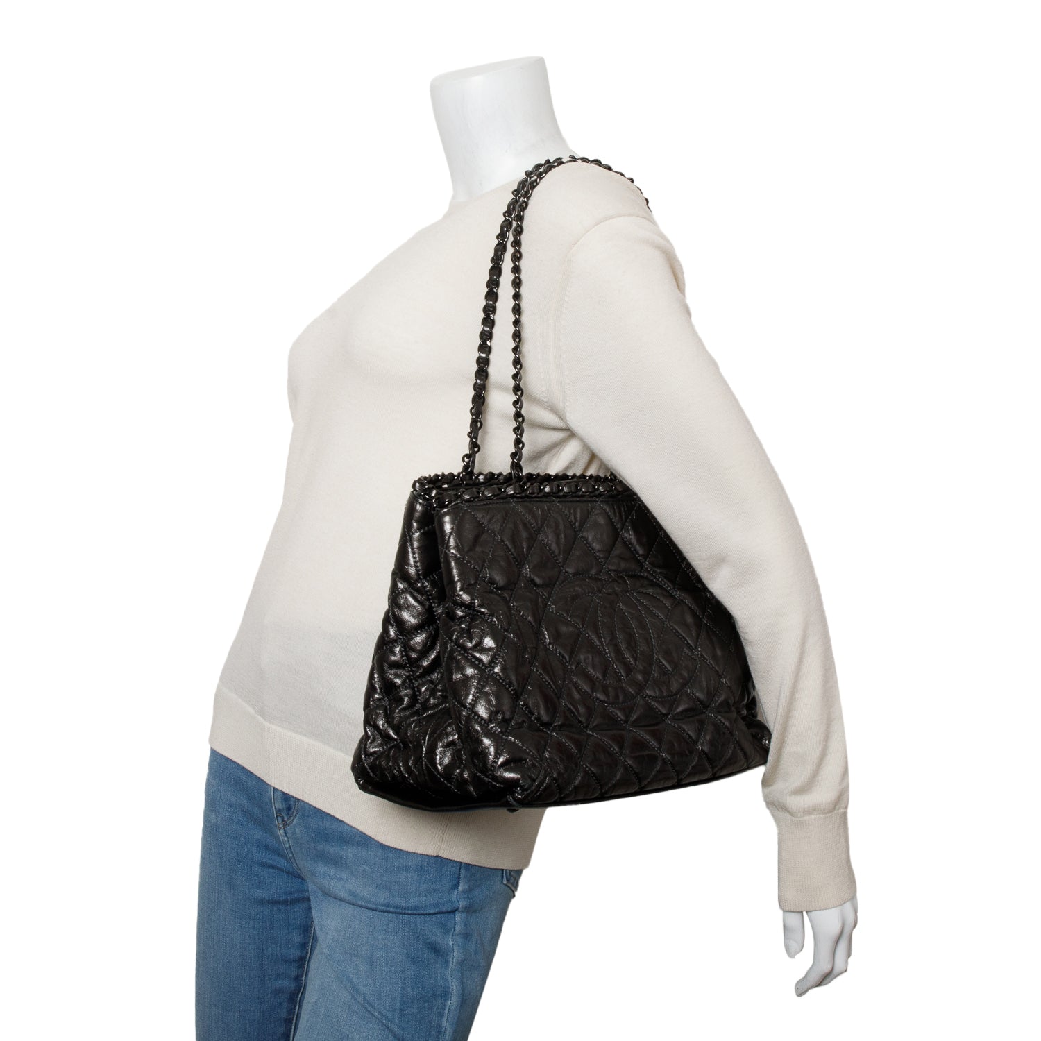 Chanel Metallic Grey Aged Calfskin Quilted Small Chain Tote w/ Authenticity Card