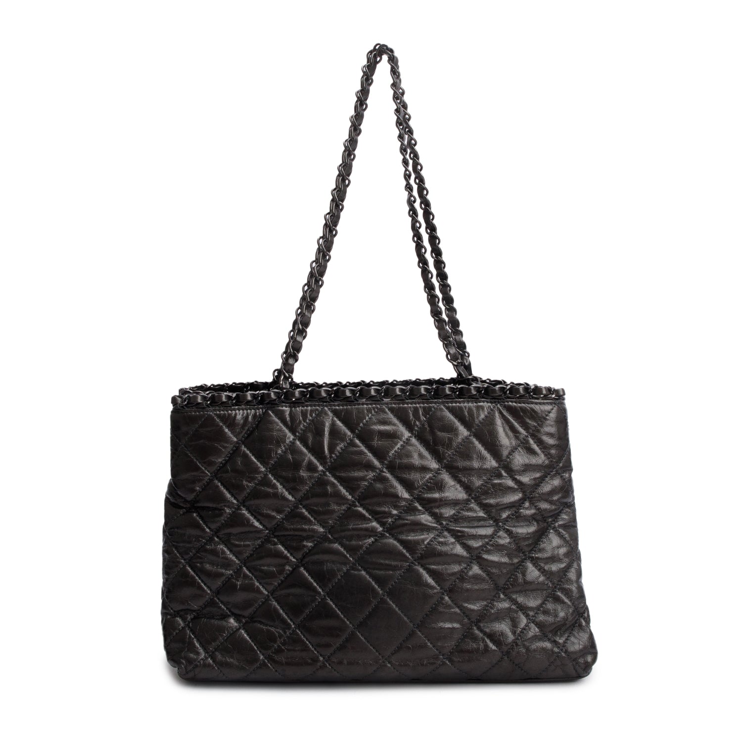 Chanel Metallic Grey Aged Calfskin Quilted Small Chain Tote w/ Authenticity Card