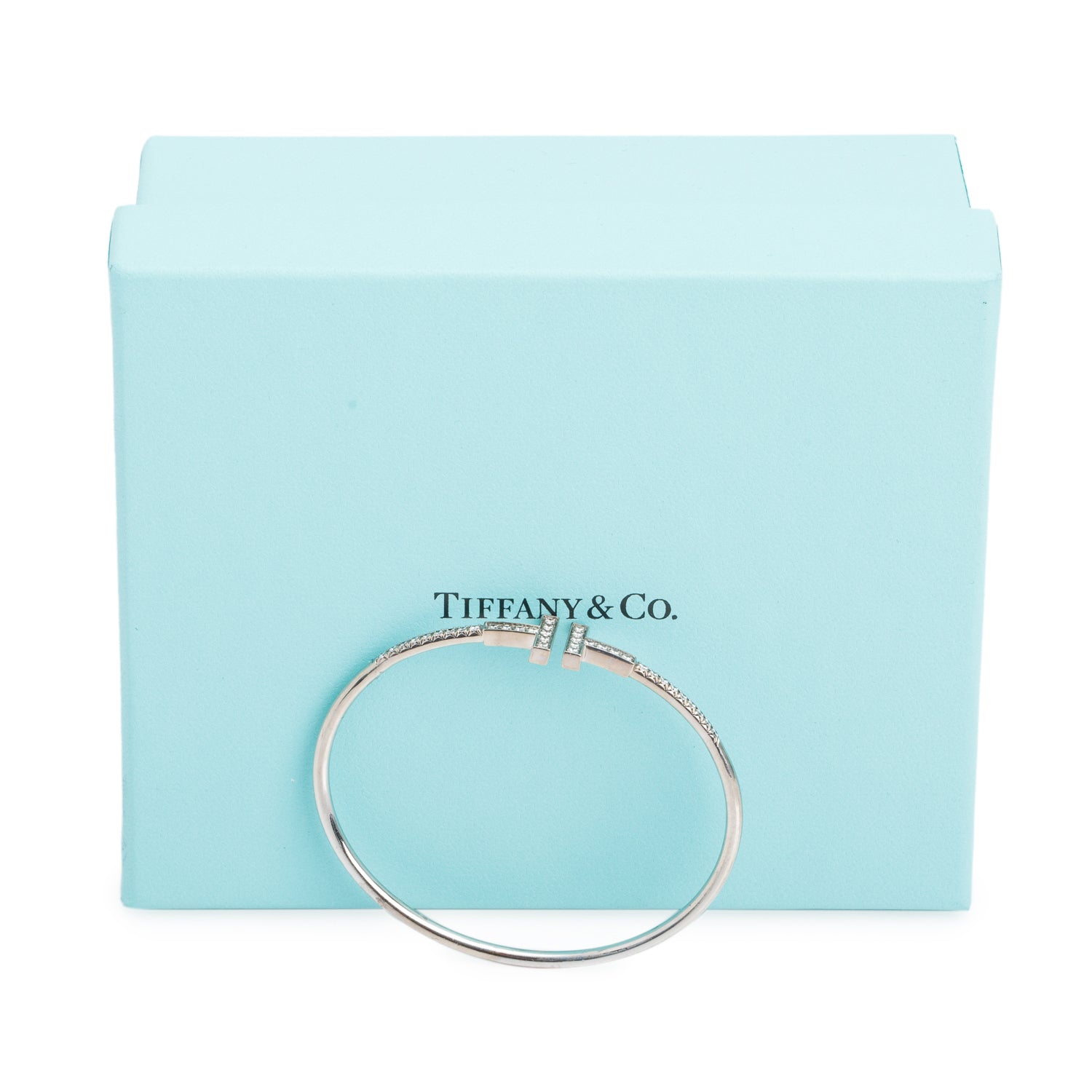 Tiffany & Co. 2024 18k White Gold Pave Diamond T Wire Bangle Bracelet w/ Box & Receipt