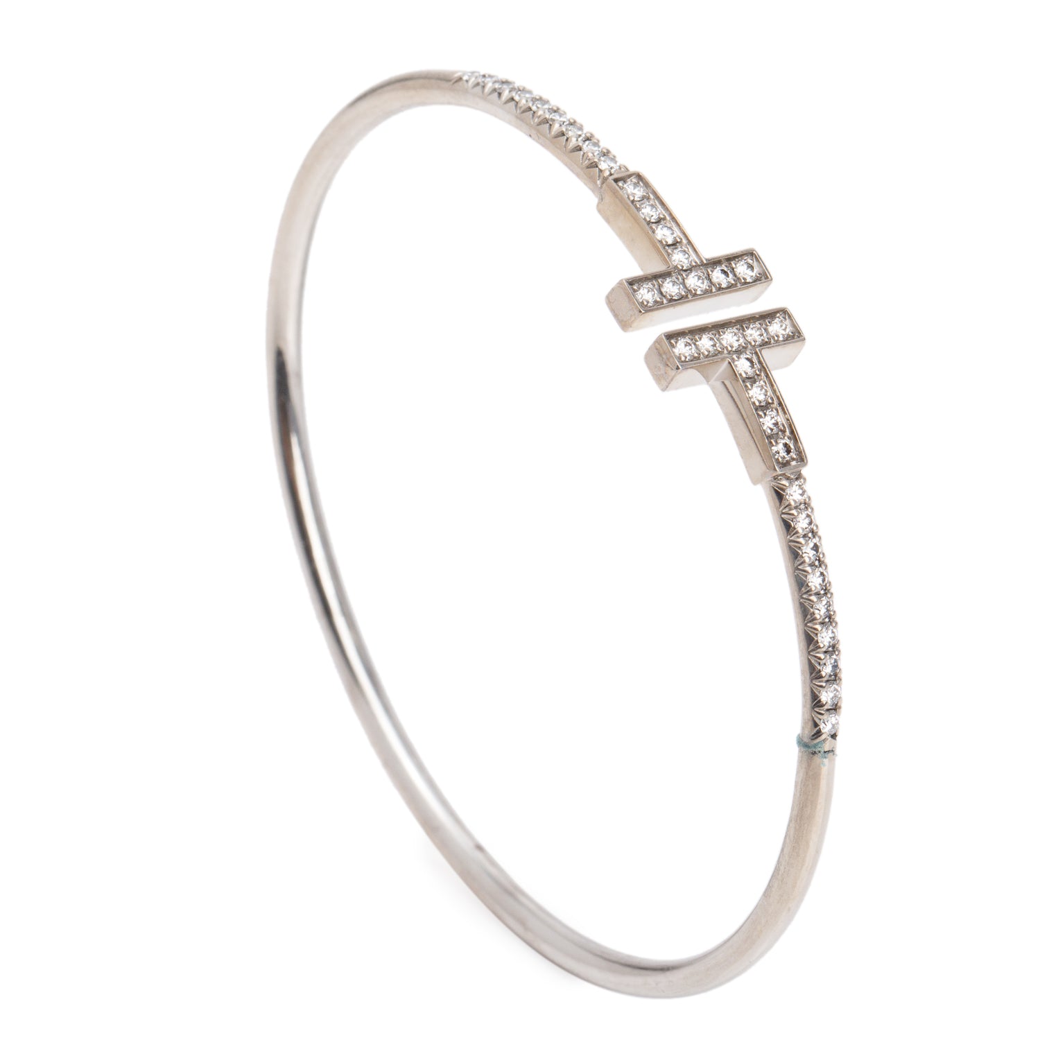 Tiffany & Co. 2024 18k White Gold Pave Diamond T Wire Bangle Bracelet w/ Box & Receipt