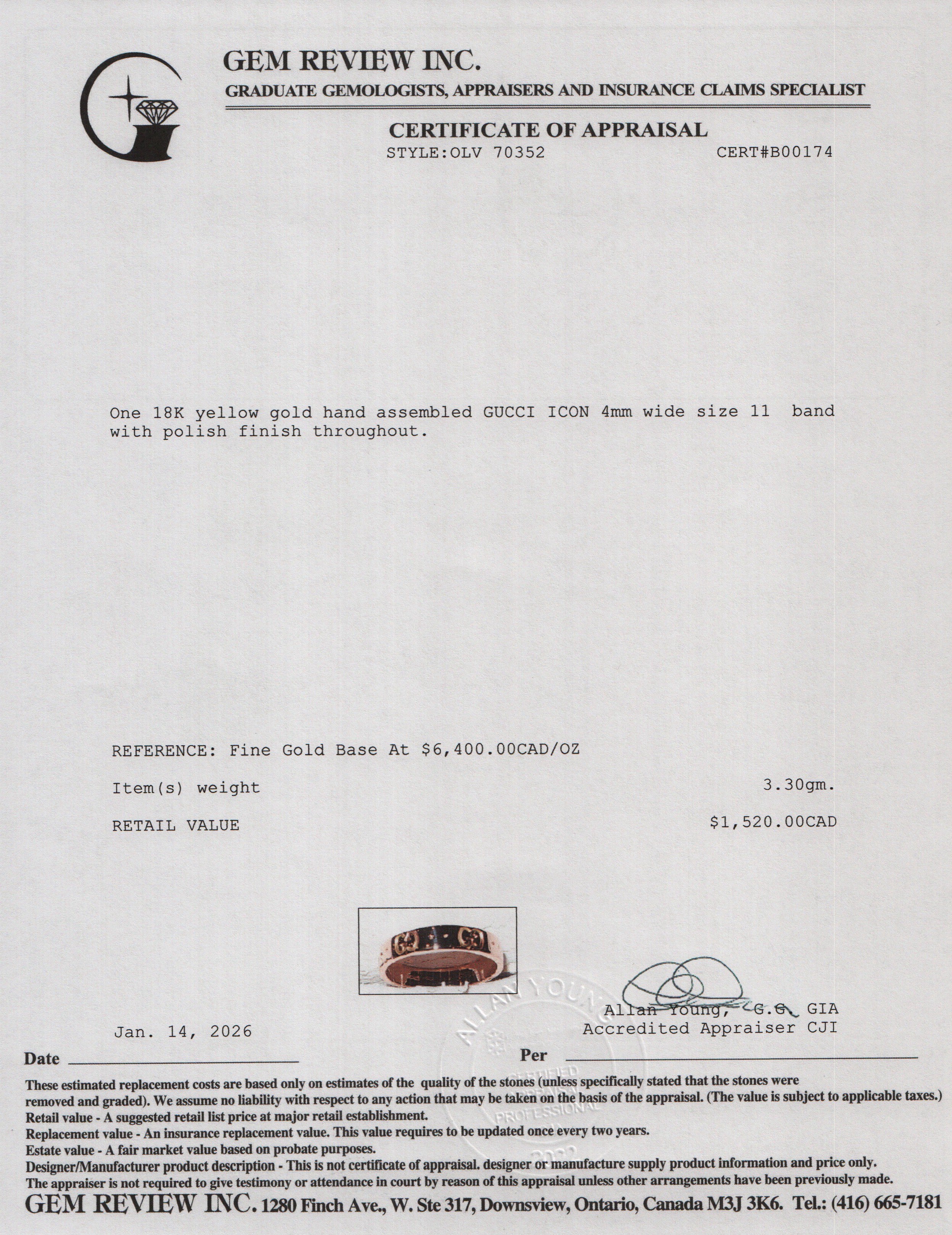 Gucci 18k Yellow Gold Icon 4 MM Thin Band Ring, Size 11 6.25