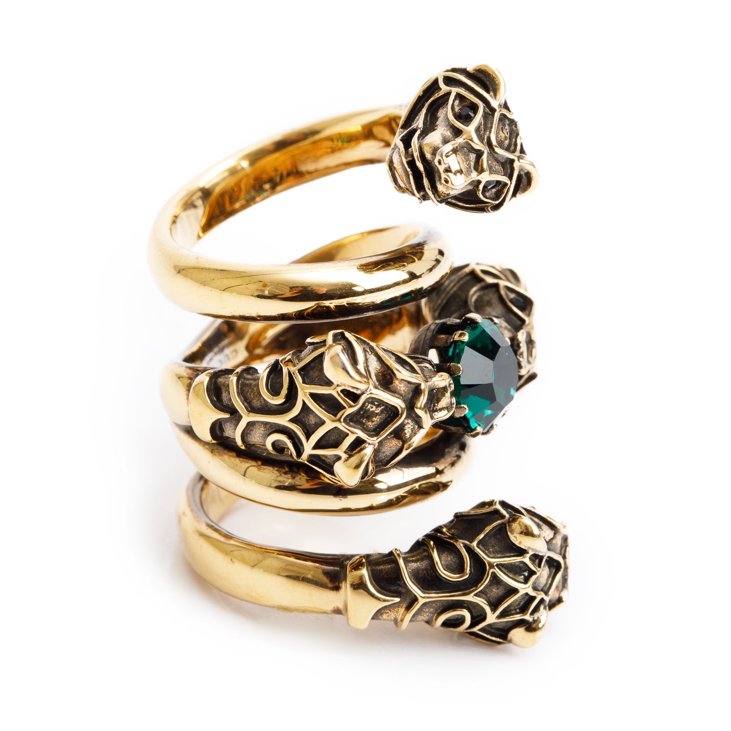 Gucci Gold-Tone Metal Green Crystal Double Tiger Head Wrap Ring, Size 14 7