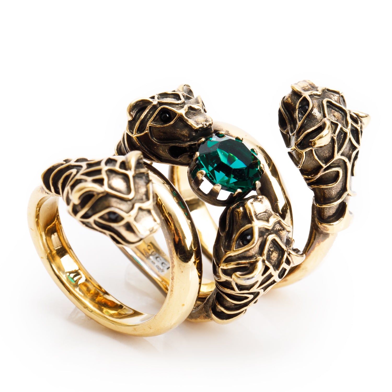 Gucci Gold-Tone Metal Green Crystal Double Tiger Head Wrap Ring, Size 14 7