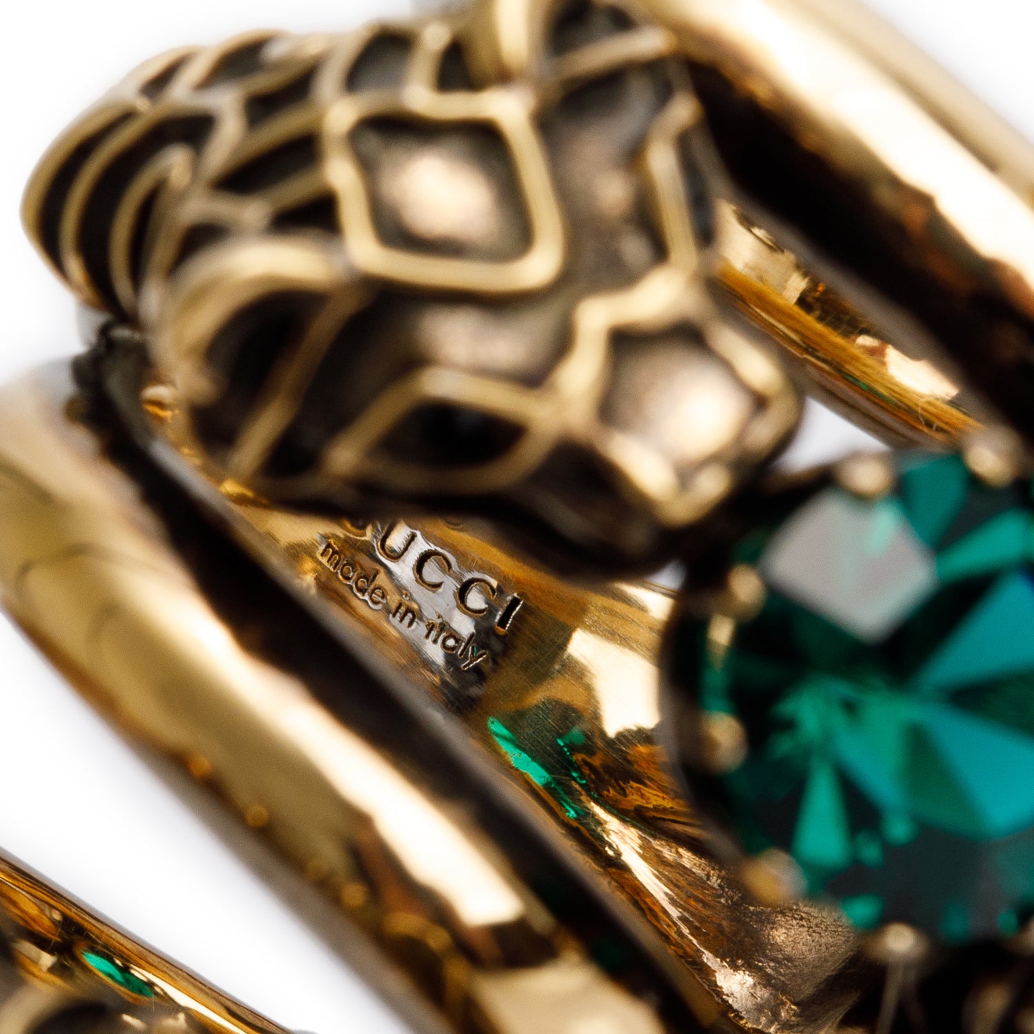 Gucci Gold-Tone Metal Green Crystal Double Tiger Head Wrap Ring, Size 14 7