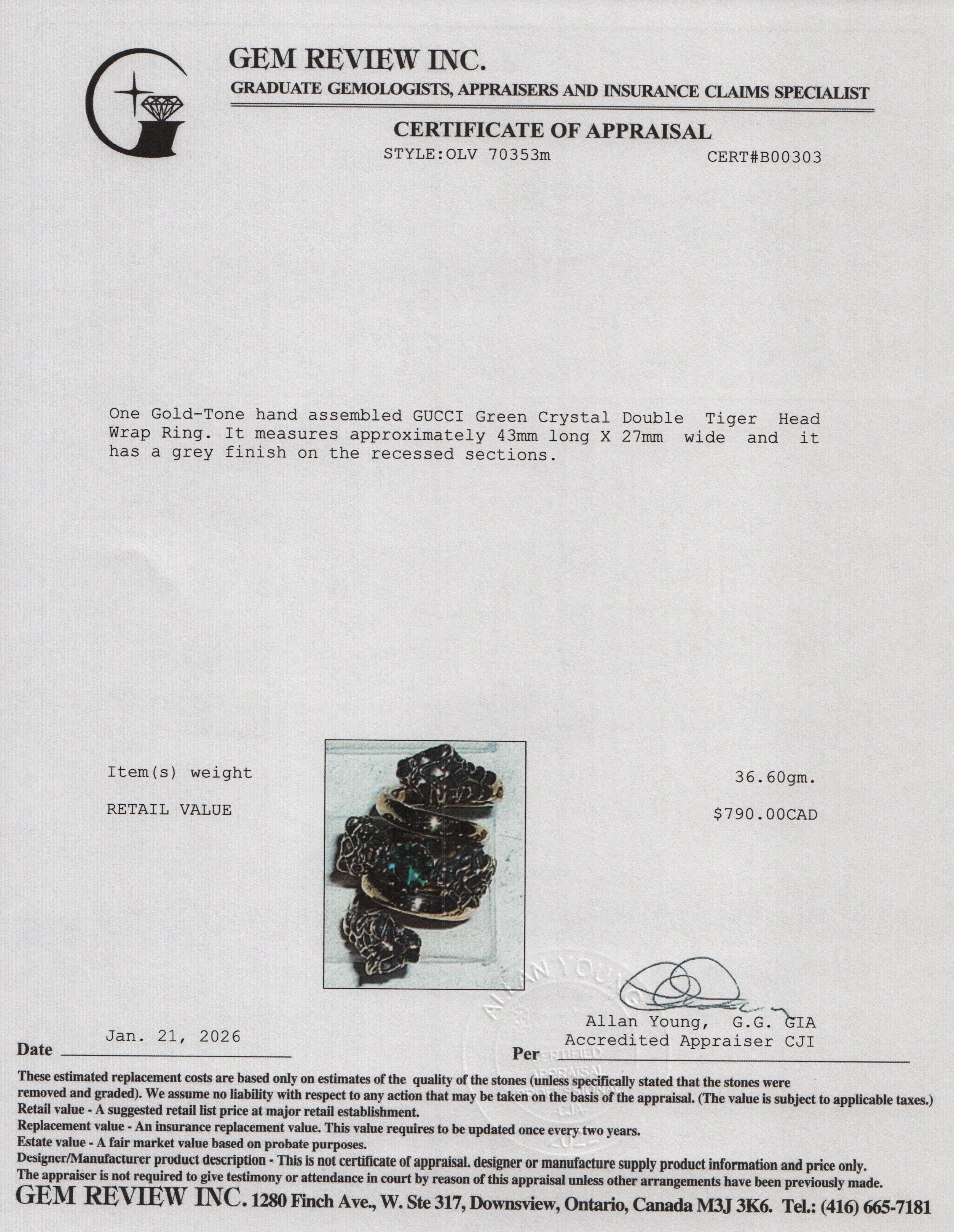 Gucci Gold-Tone Metal Green Crystal Double Tiger Head Wrap Ring, Size 14 7