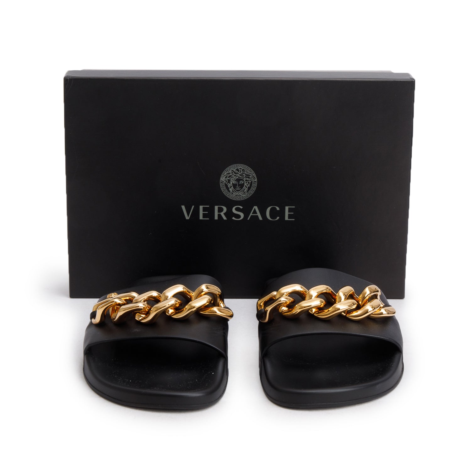 Versace Black Leather/Rubber Chain Slides, Women's Size 41 w/ Box