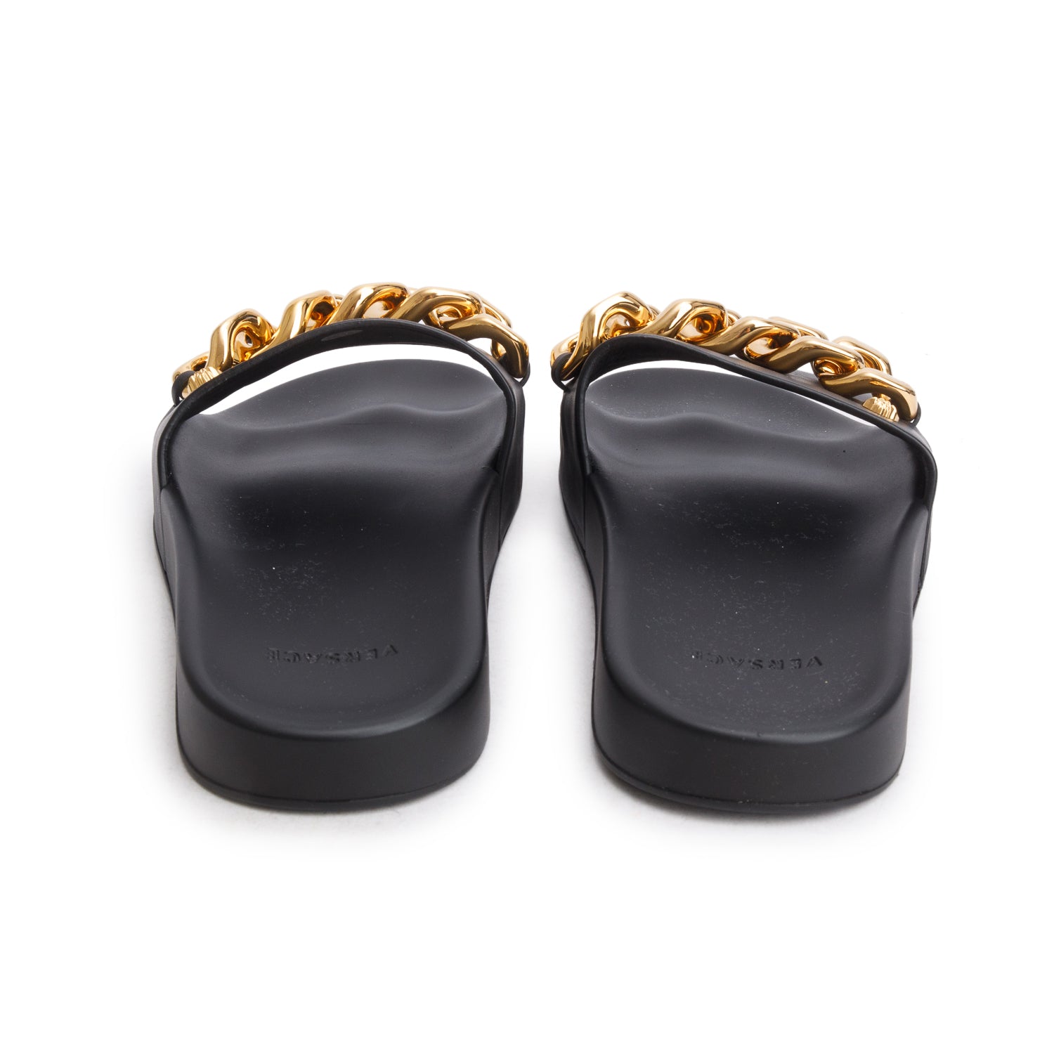 Versace Black Leather/Rubber Chain Slides, Women's Size 41 w/ Box