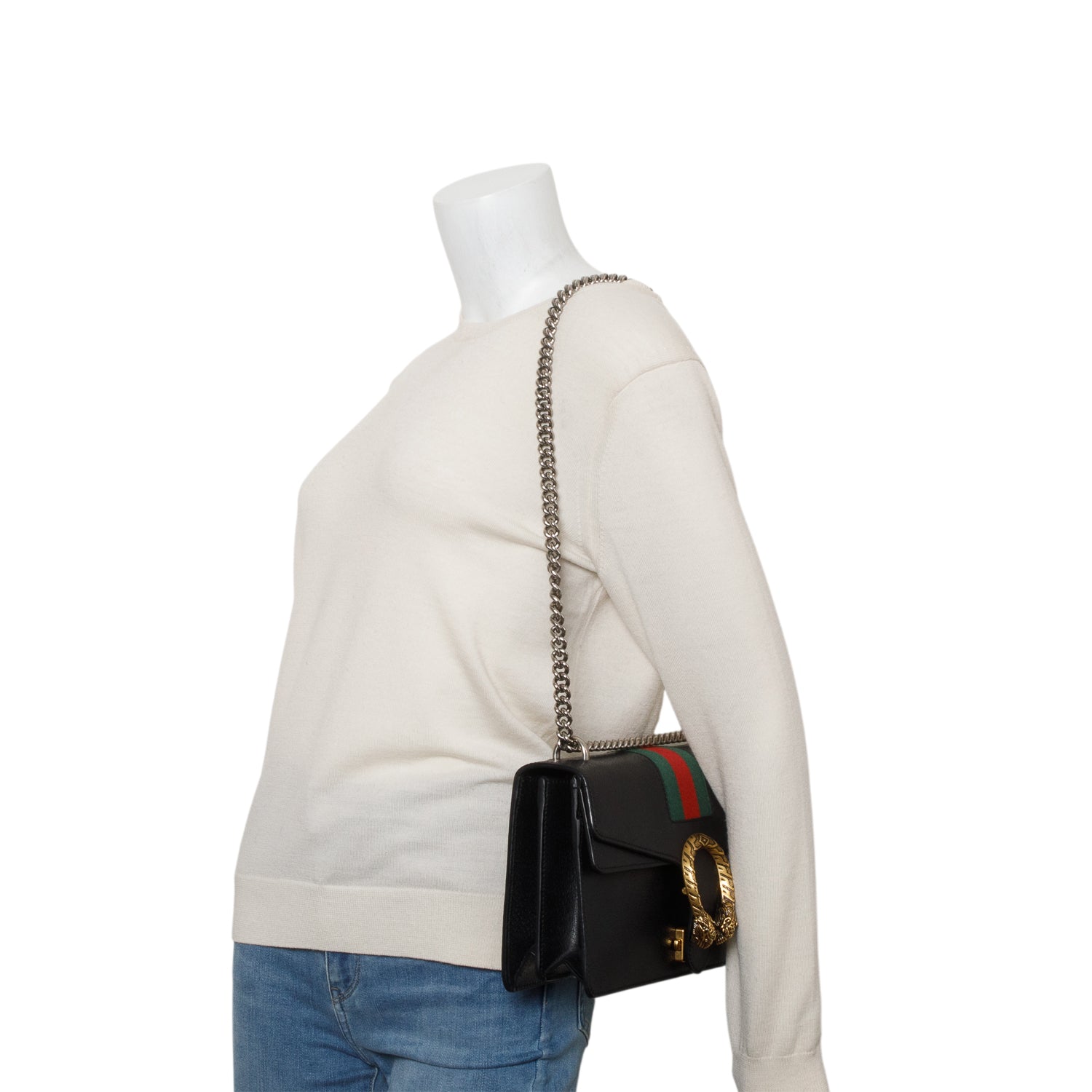 Gucci Black GG Dollar Calfskin Web Medium Dionysus Shoulder Bag