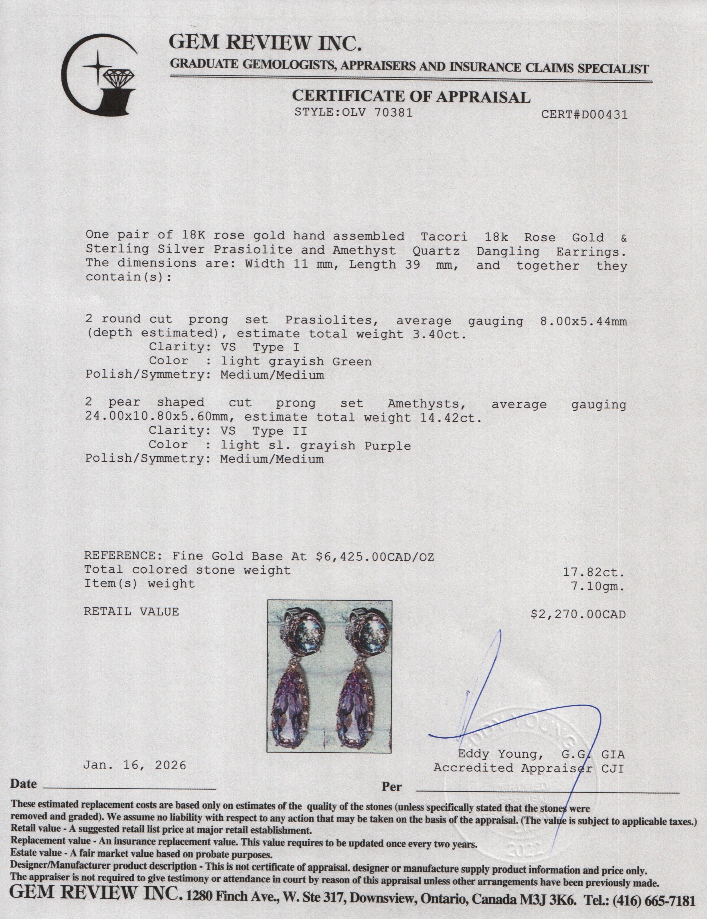 Tacori 18k Rose Gold & Sterling Silver Prasiolite and Amethyst Dangling Earrings