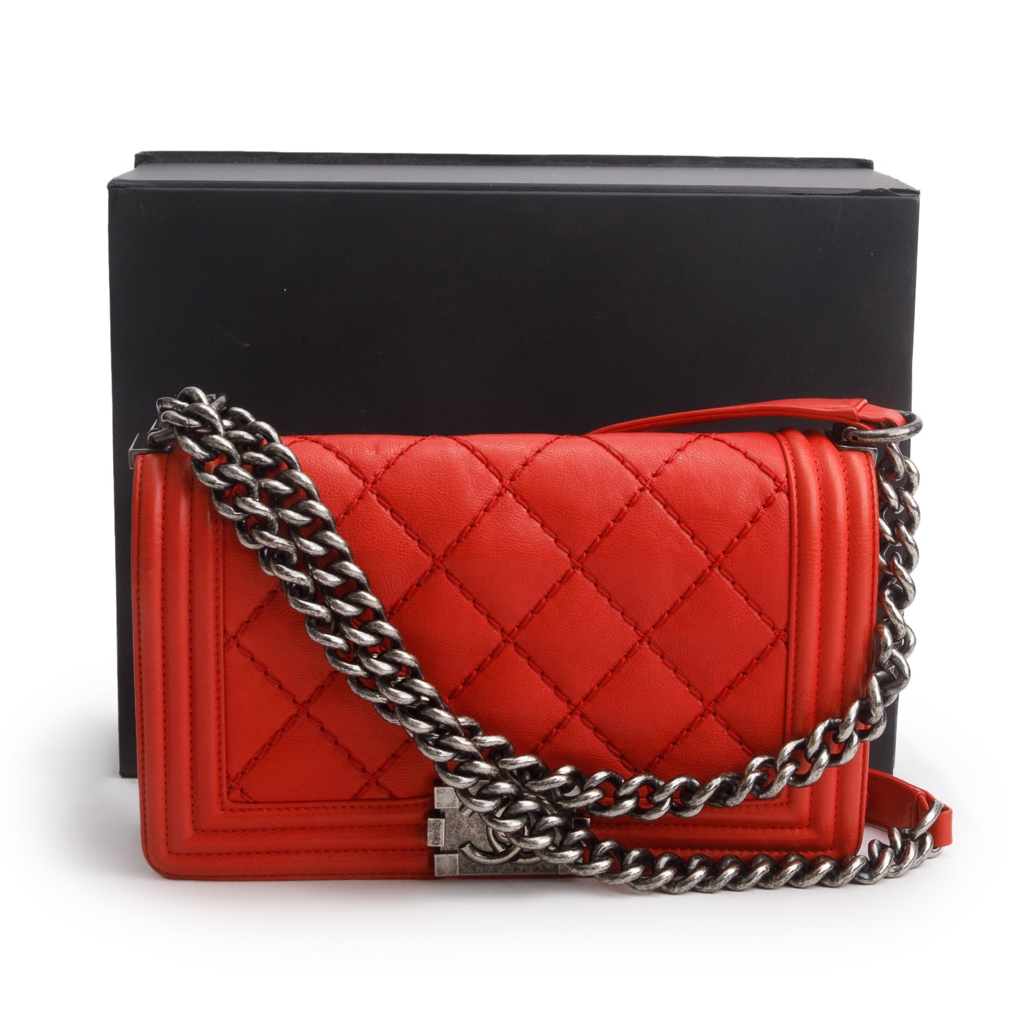 Chanel Red Lambskin Stitch Quilted Medium Boy Bag w/ Box & Receipt