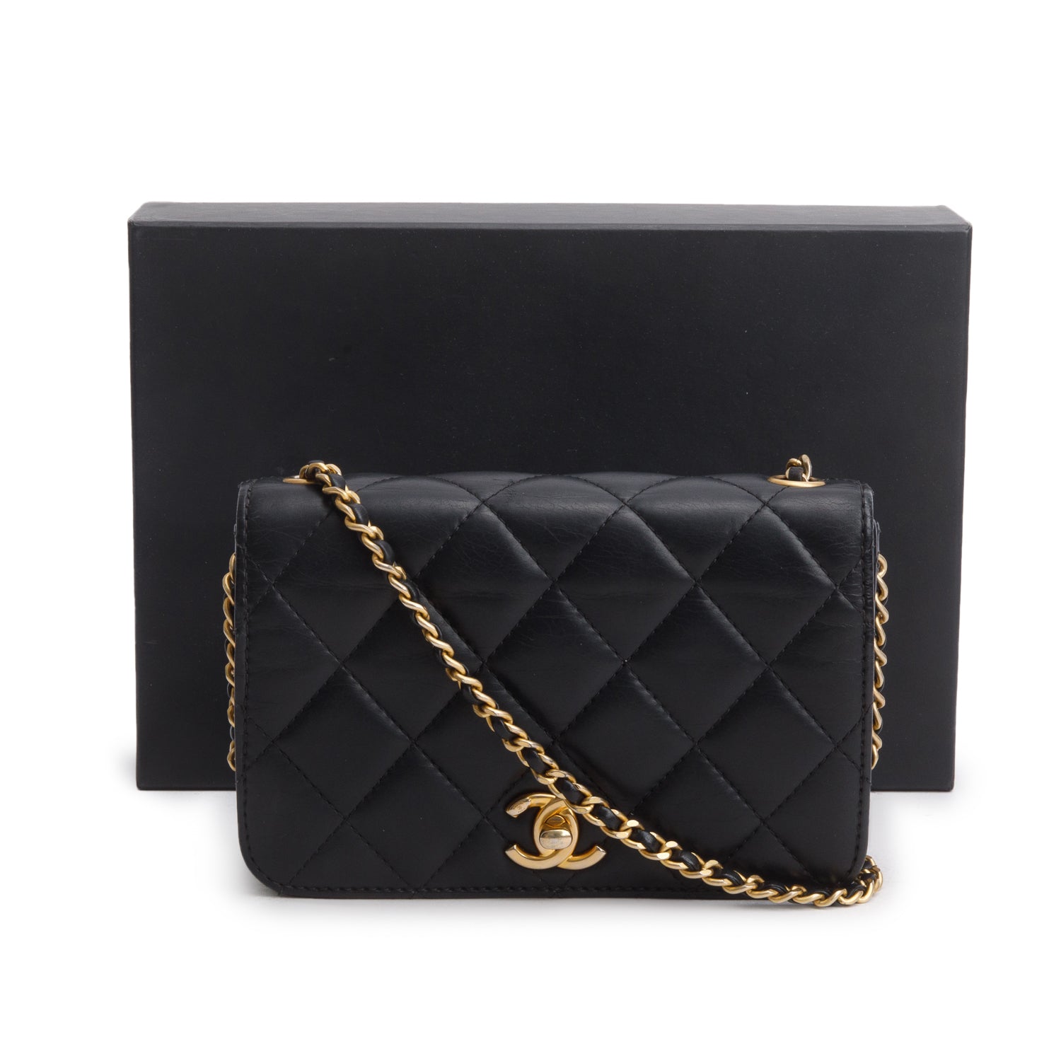 Chanel Black Lambskin Quilted CC Side Chain Small Full Flap Bag w/ Box, Authenticity Card & Receipt