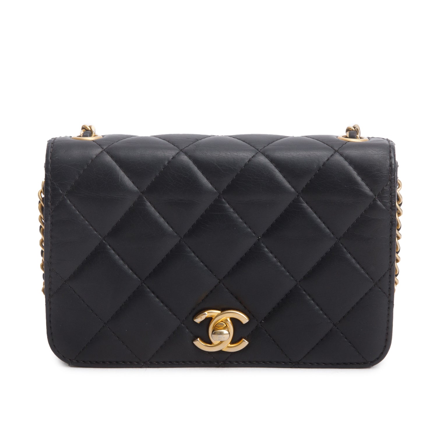 Chanel Black Lambskin Quilted CC Side Chain Small Full Flap Bag w/ Box, Authenticity Card & Receipt
